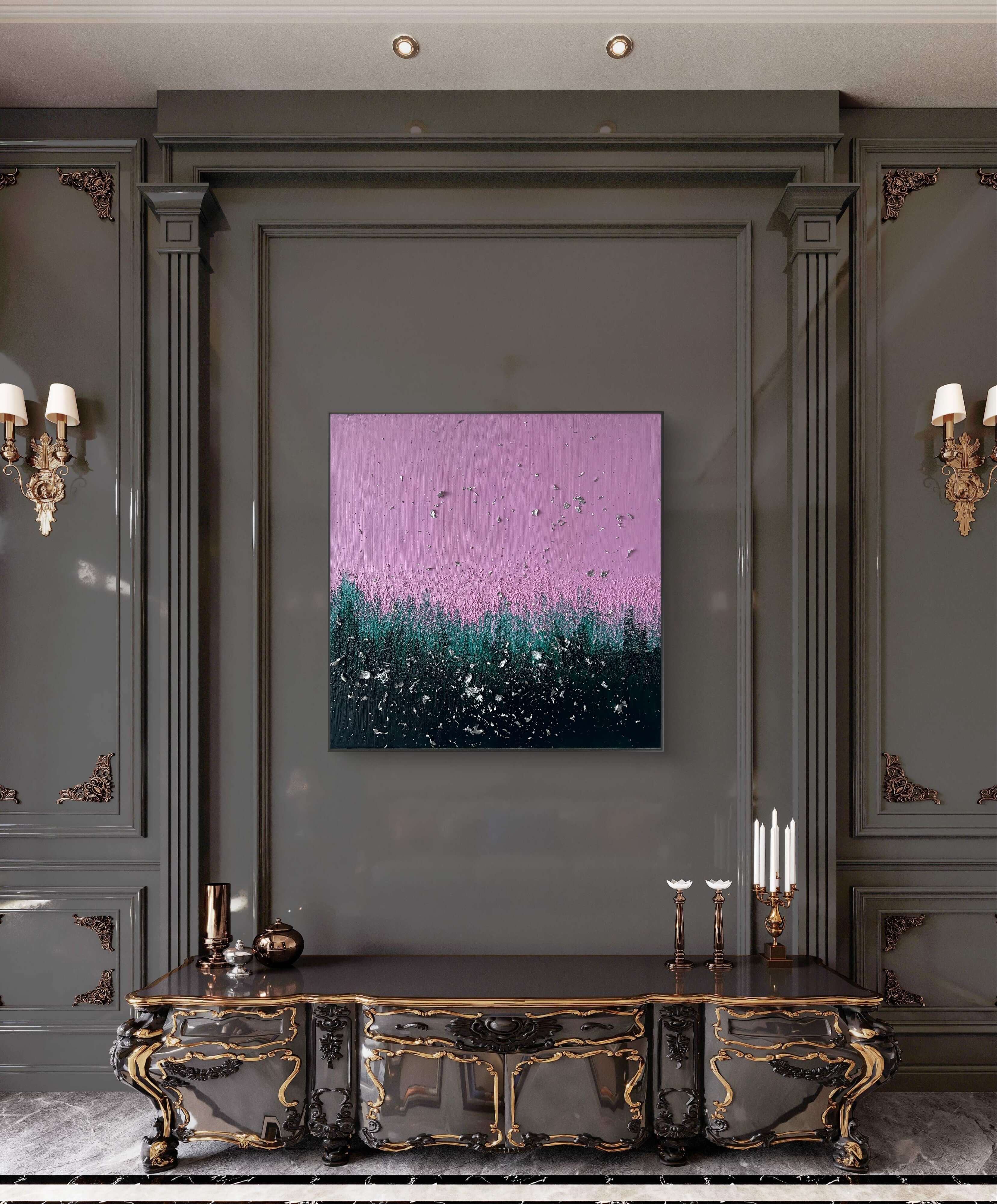 Abstraktes Acrylbild in Rosa und Petrolgrün, "Abstrakter Wald," auf einer dekorativen Wand präsentiert.