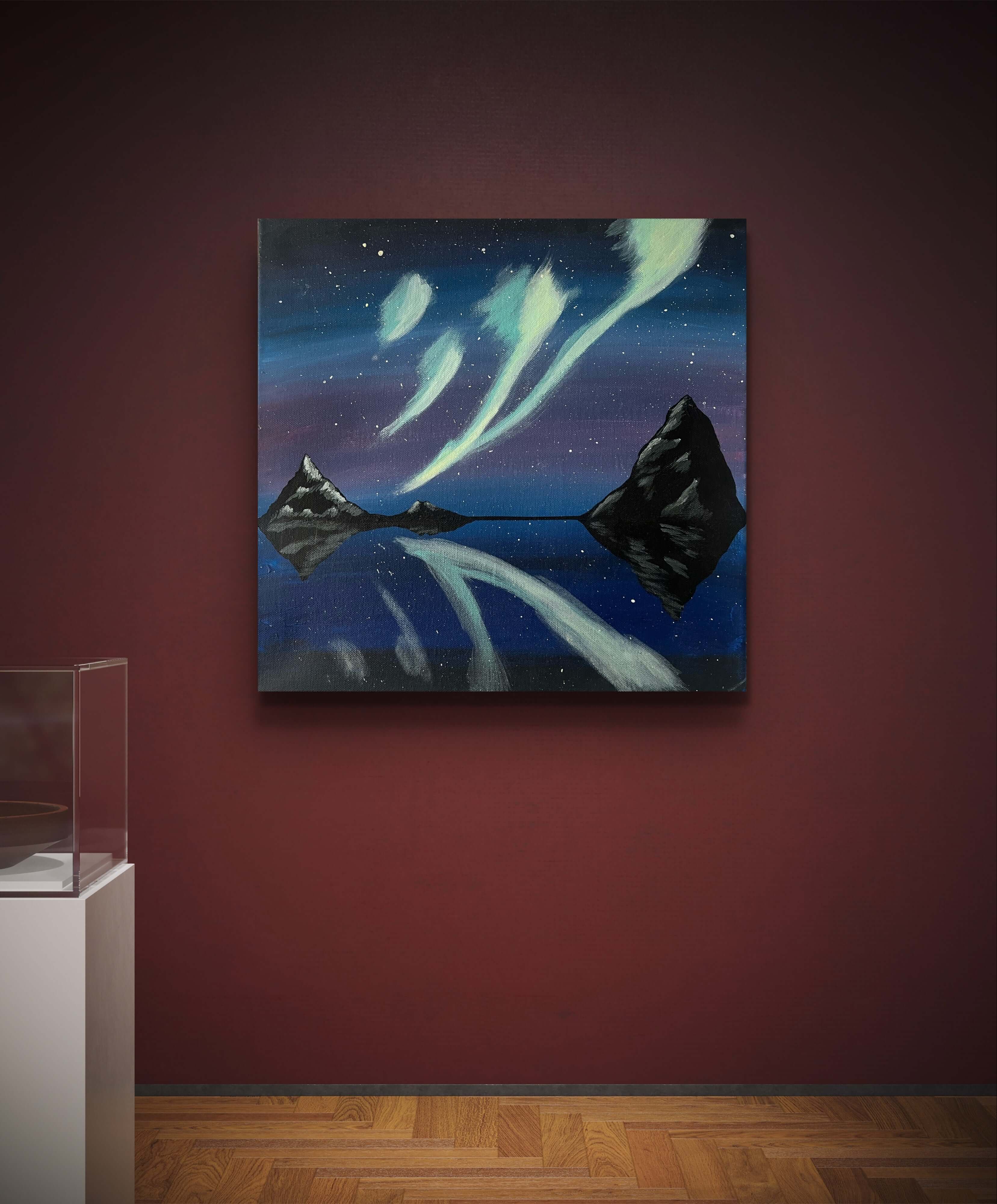 Aurora Reflection painting showcasing northern lights over arctic mountains, hand-painted in acrylic, displayed on a wall.