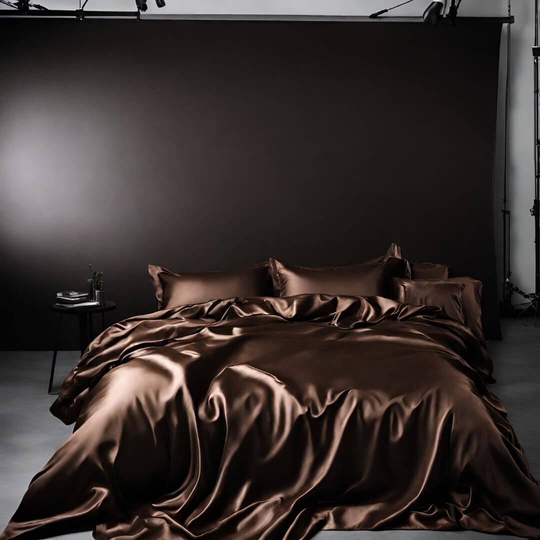 Luxurious Nordic satin bedding in Pantone 2025 Mocha Mousse color, featuring silky smooth texture and modern elegance.