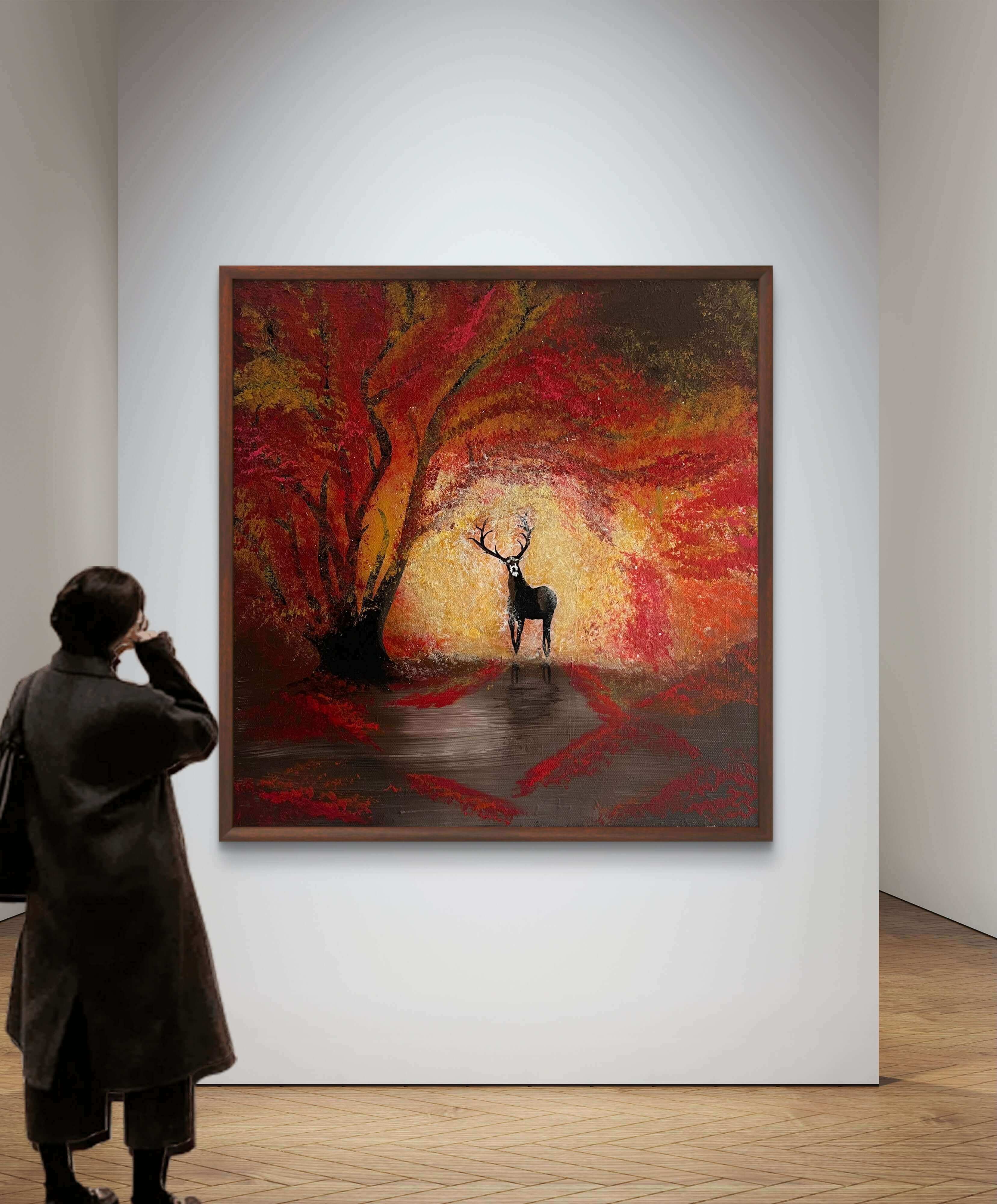 Acrylic painting of a deer in autumn forest with fiery red leaves and sunset glow.
