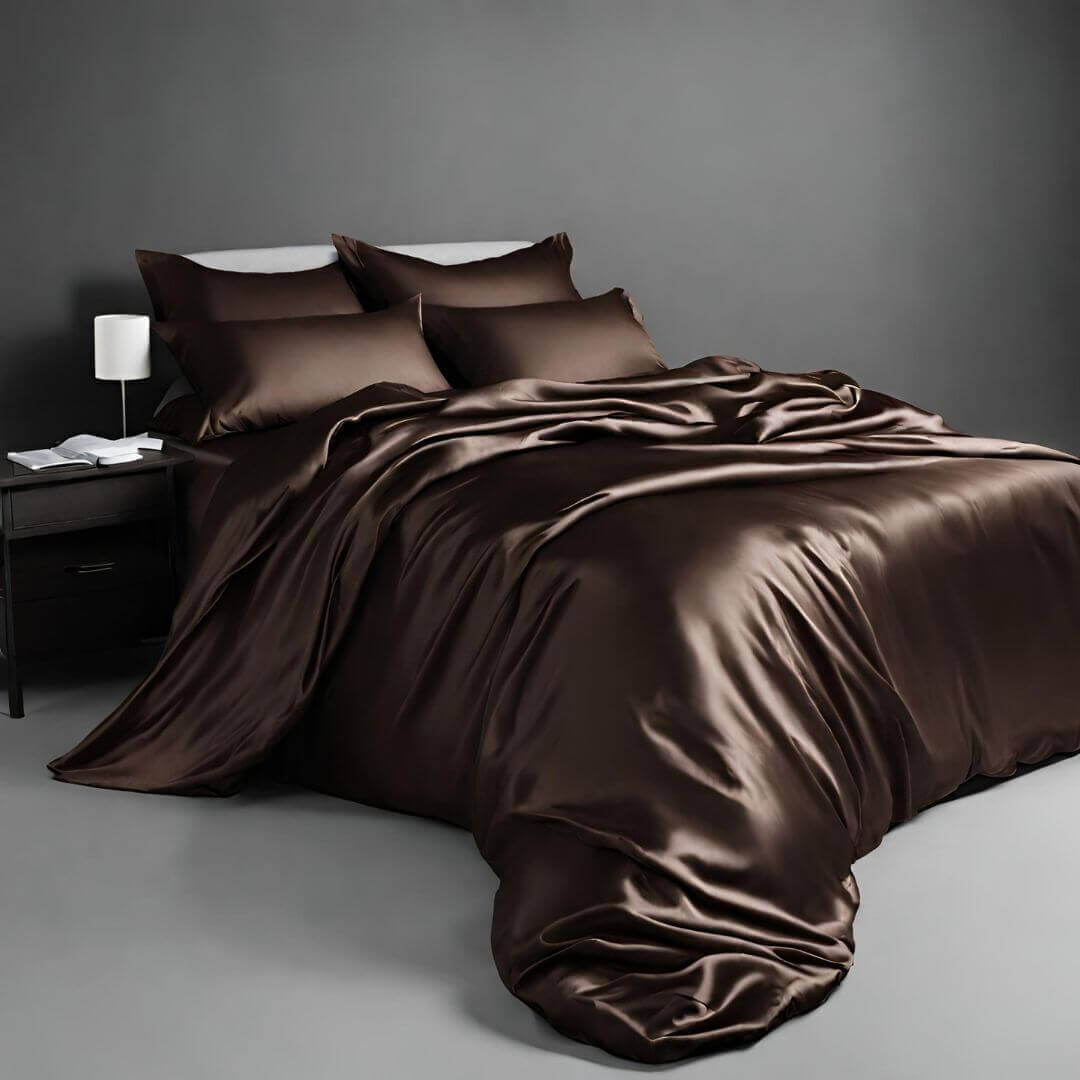 Luxurious mocca mousse satin pillowcases on a stylish bed, offering hair and skin benefits, blending comfort with elegance.