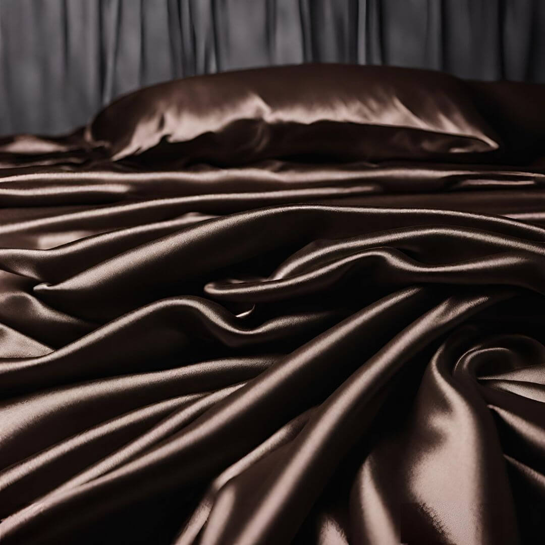 Nordic Satin Bettwäsche in Mocha Mousse 2025, showcasing luxurious sheen and elegant texture on a neatly arranged bed.