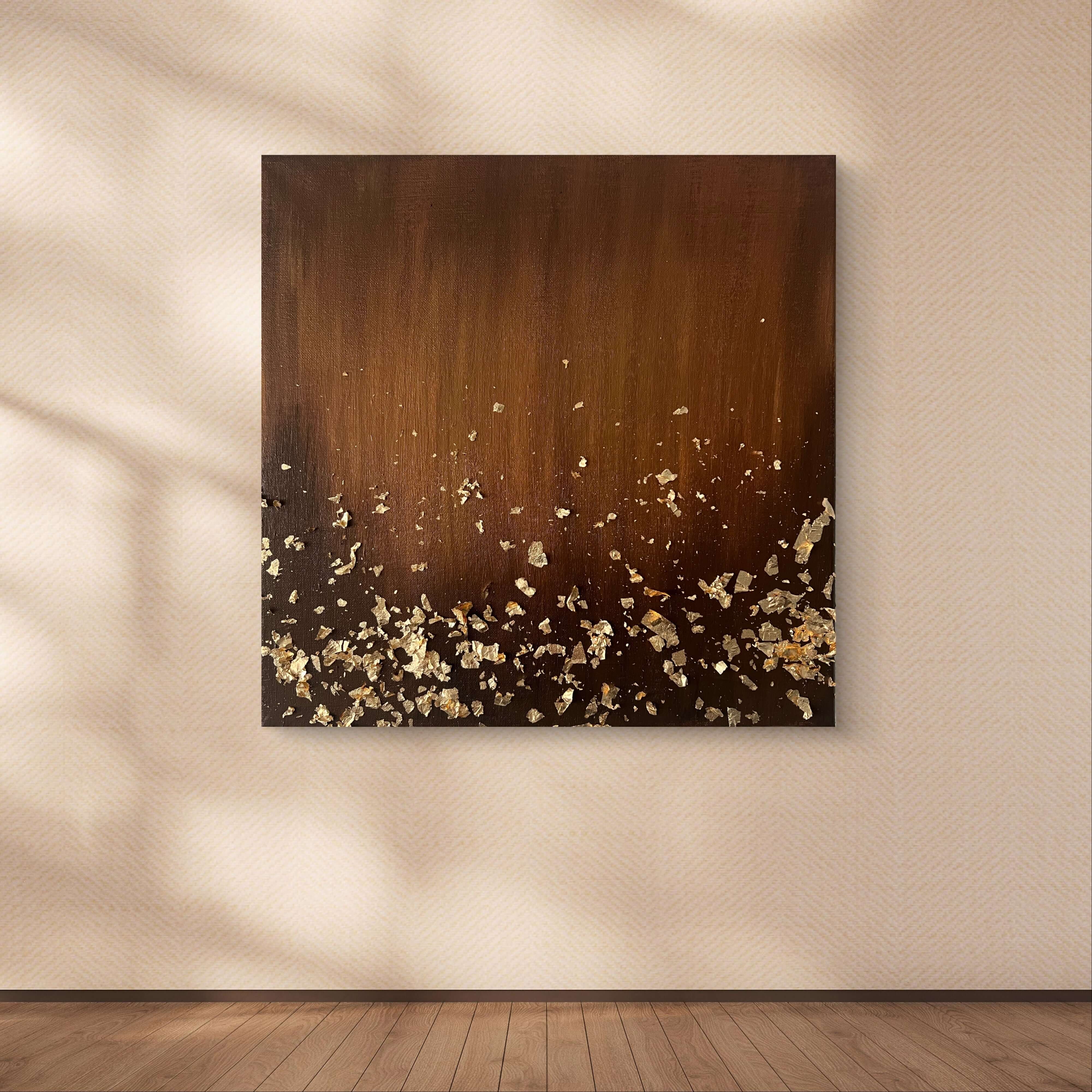 Handgemaltes Acrylbild 'Mocha Glow' in Brauntönen mit Blattgold, 50x50 cm, zeigt modernen Luxus und Eleganz, Trendfarbe 2025.