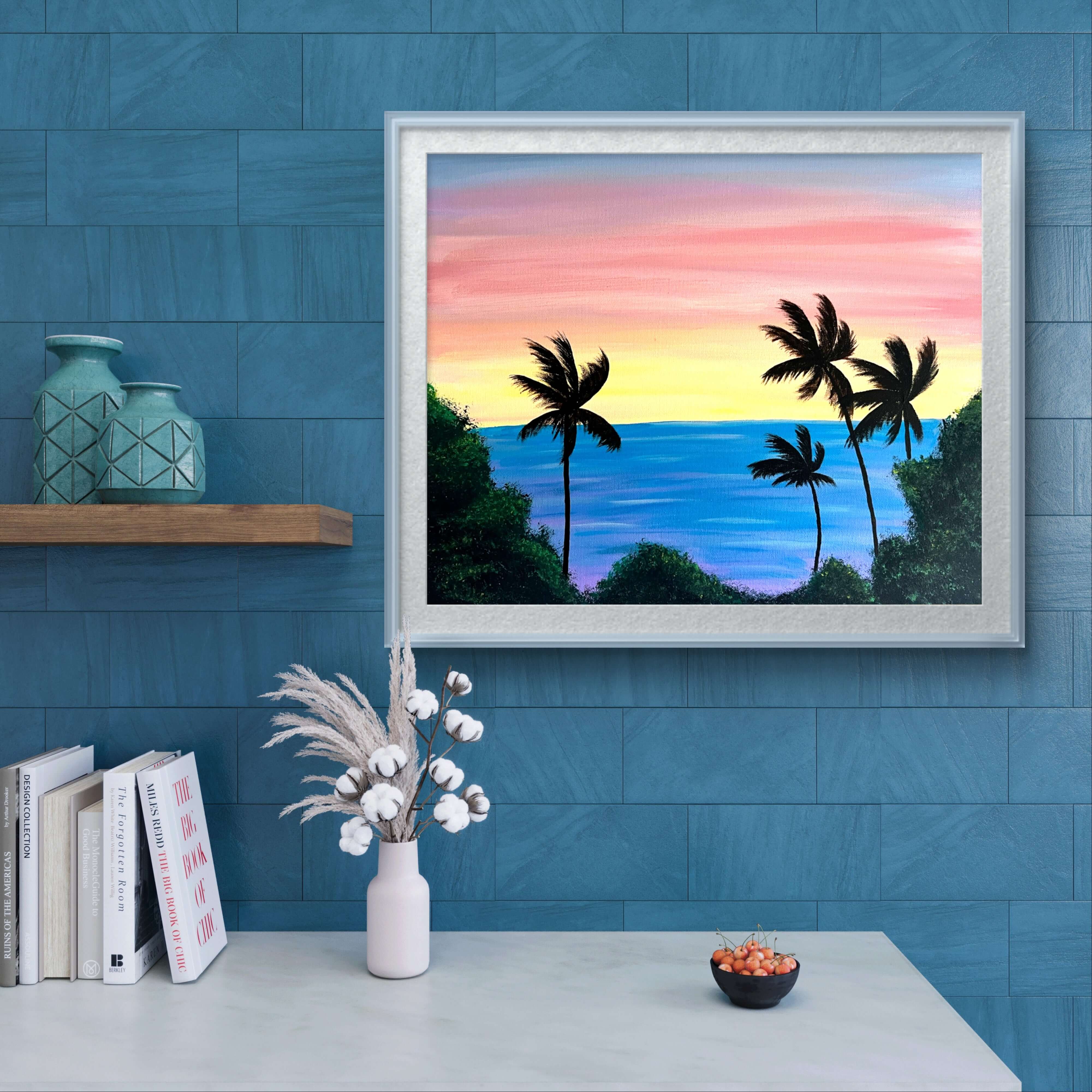 Acrylic painting titled 'Ibiza Nocturne' depicting a vibrant sunset with silhouetted palm trees, capturing the essence of a Mediterranean night.