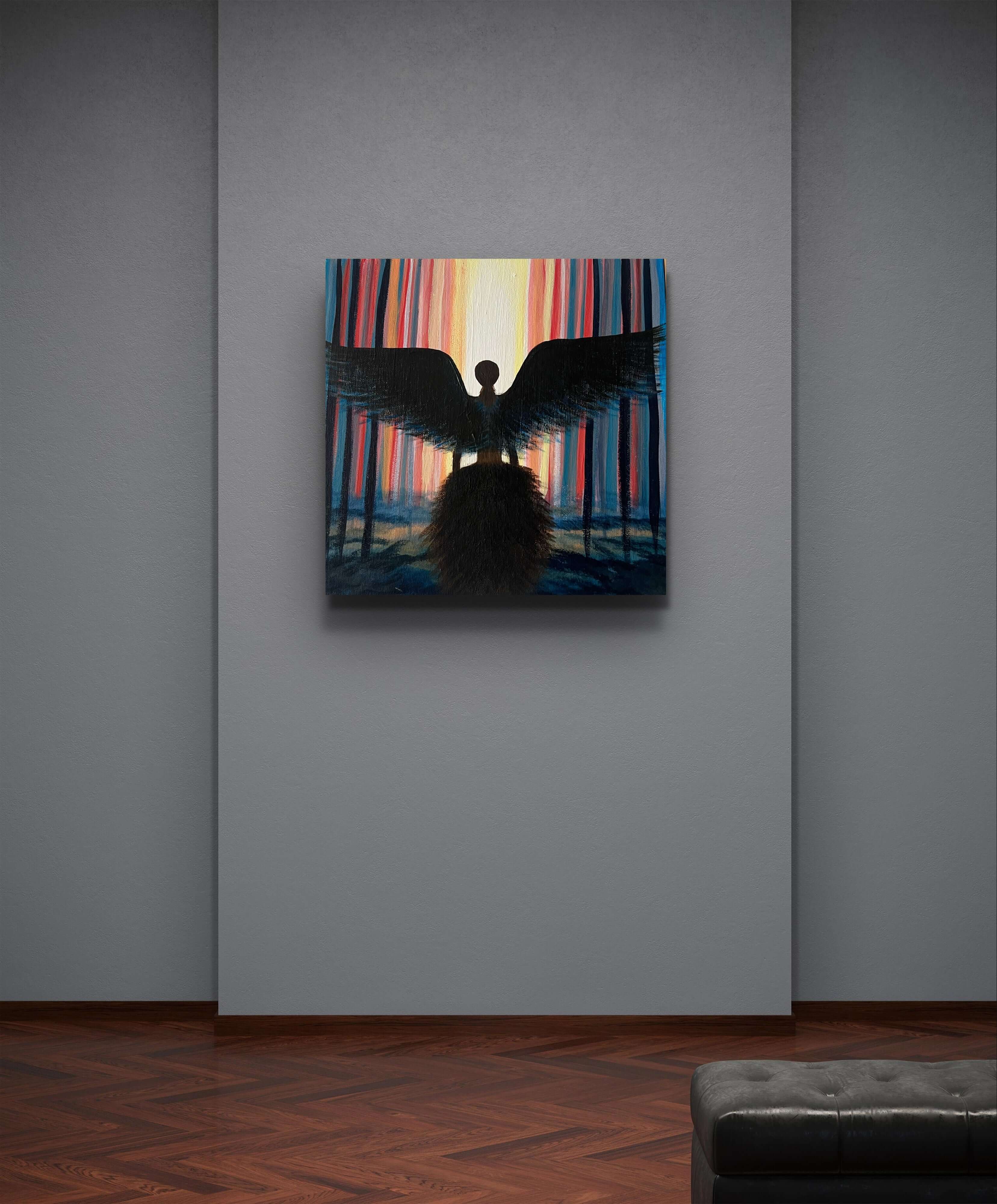 Der Wächter der Dämmerung handgemaltes Acrylbild, Licht und Schatten des Waldes, 50x50 cm Unikat, aufgehängt in modernem Raum.