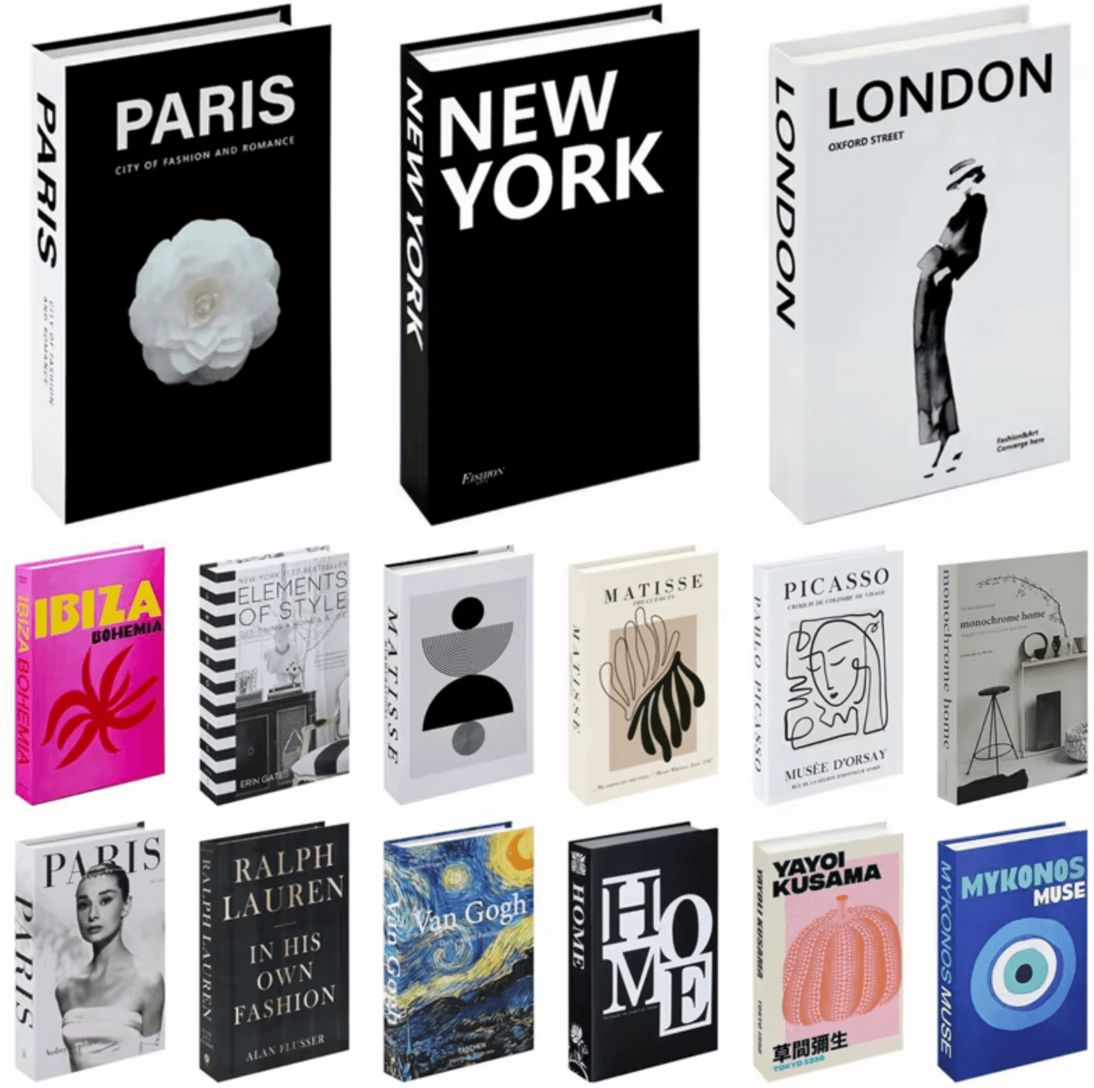 Collection of decorative books with various city and art themes displayed on a white background.