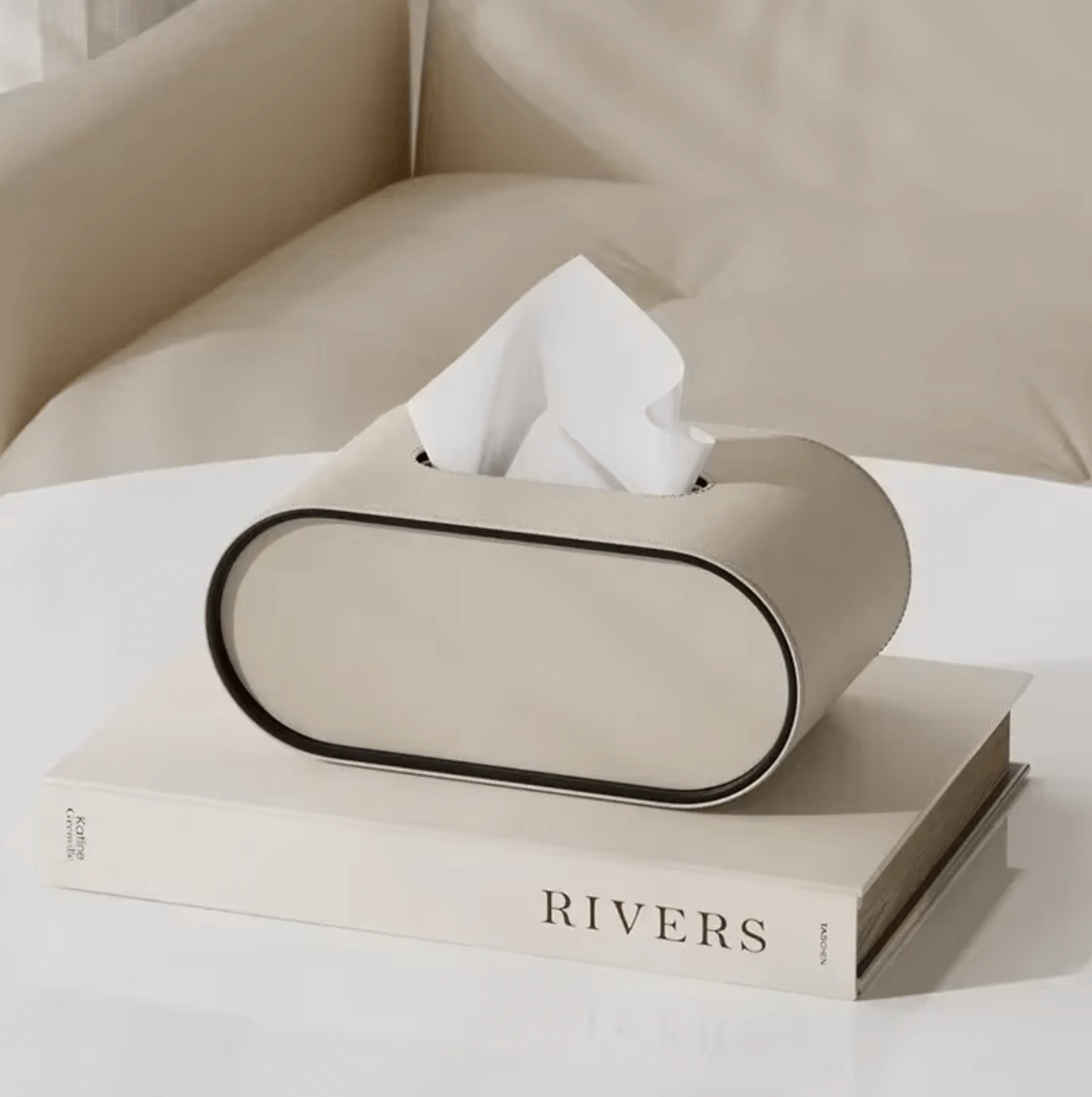 Elegante Leder-Taschentuchbox mit ovalem Design für stilvolle Organisation auf Couchtisch, modernes Wohnzimmerinterieur