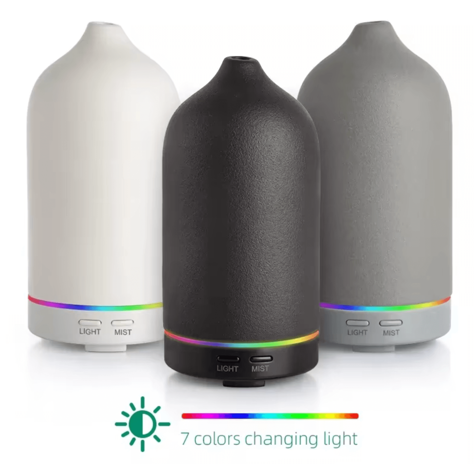Three elegant ultrasound aromatherapy diffusers with 7 color-changing lights for relaxation in home and office.