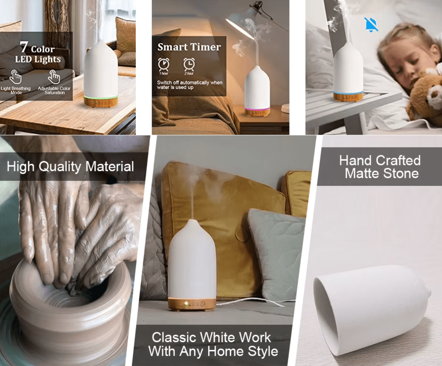 Collage of an ultrasonic aromatherapy diffuser featuring 7 LED lights, smart timer, handcrafted matte stone, and high-quality material.