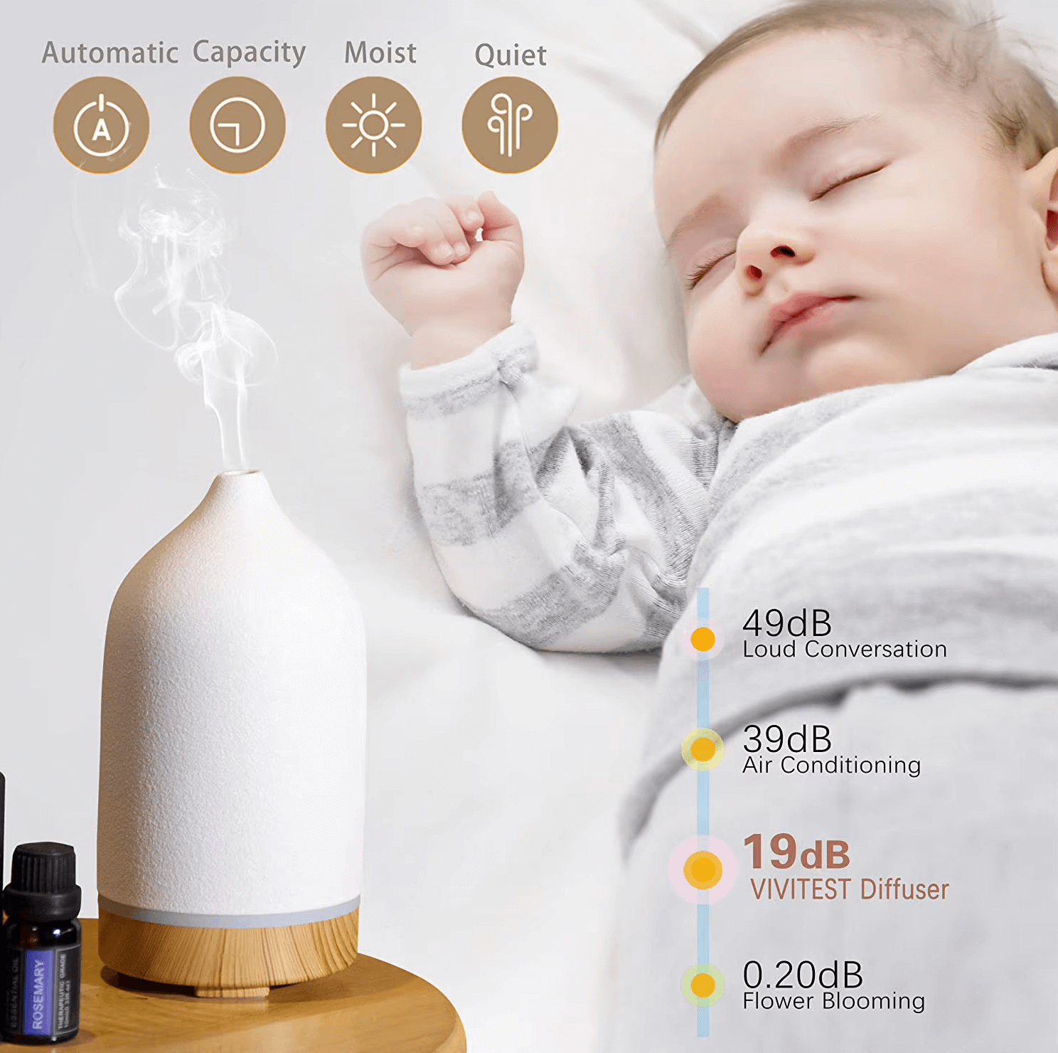 Ultraschall-Aromatherapie-Diffusor für leise Entspannung neben schlafendem Baby, moderne Luftbefeuchtung mit geringer Geräuschkulisse.