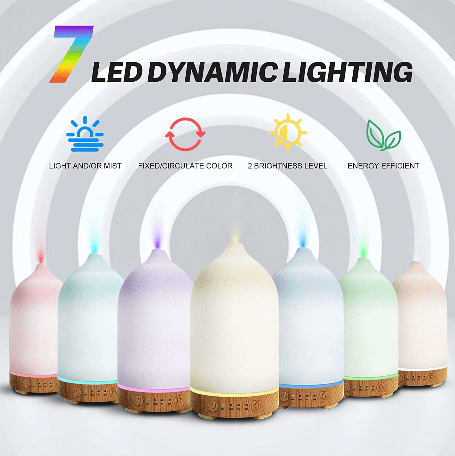Ultraschall-Aromatherapie-Diffusoren mit 7 LED-Farben, ideal zur Entspannung und Luftbefeuchtung in modernen Räumen.