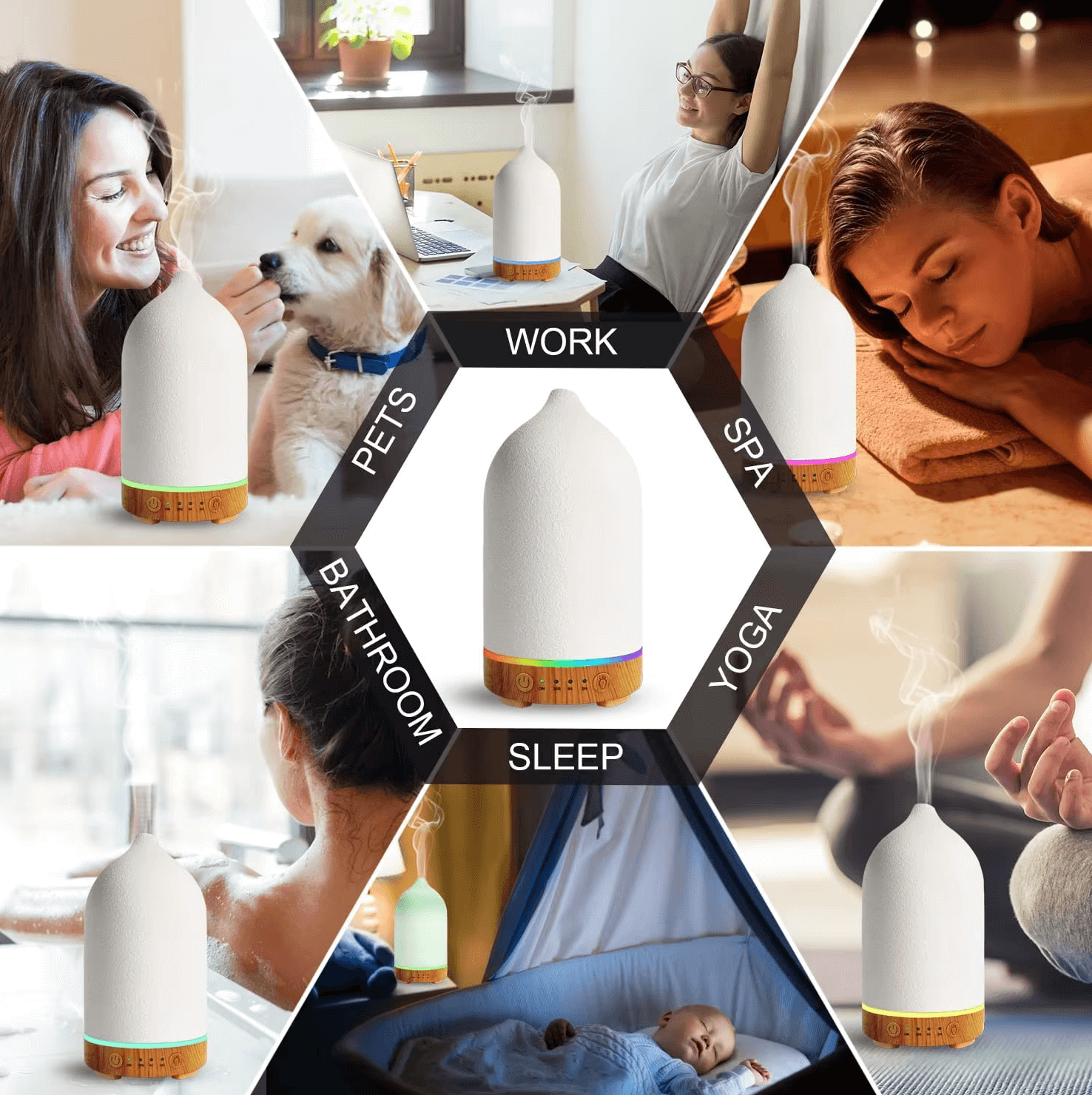 Ultraschall-Aromatherapie-Diffusor in verschiedenen Umgebungen wie Arbeit, Schlaf, Yoga und Spa für Entspannung und Duft.
