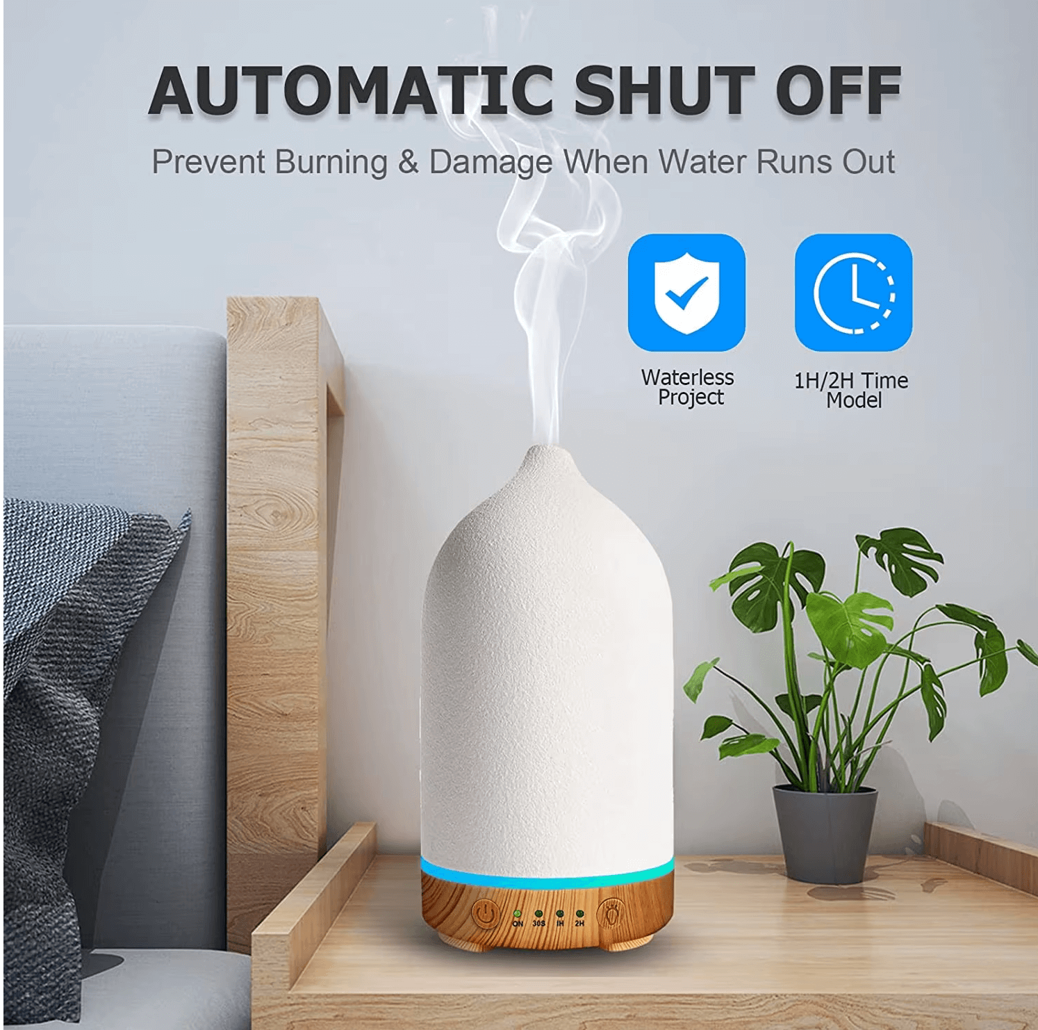 Ultrasound aromatherapy diffuser with automatic shut-off feature, placed on a wooden table next to a plant for stylish home relaxation.