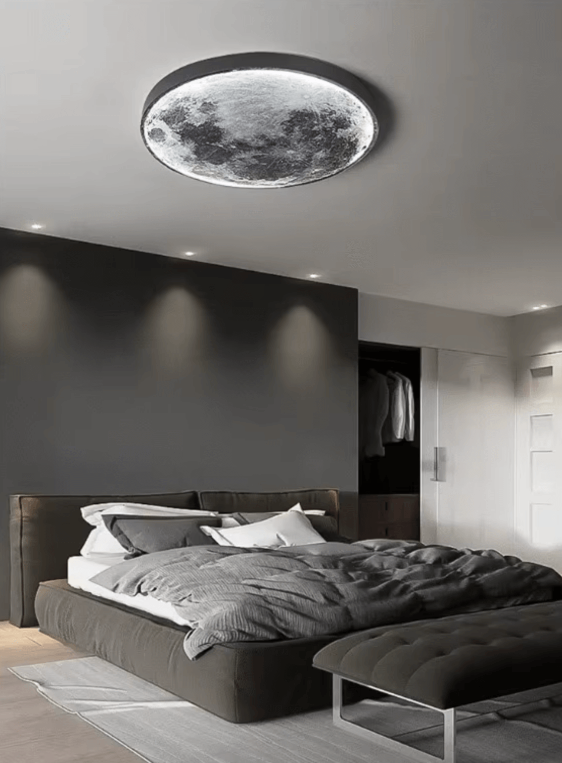 Moon Wall Light illuminating a bedroom, creating a mystical atmosphere with dimmable moonlight for a relaxing ambiance.