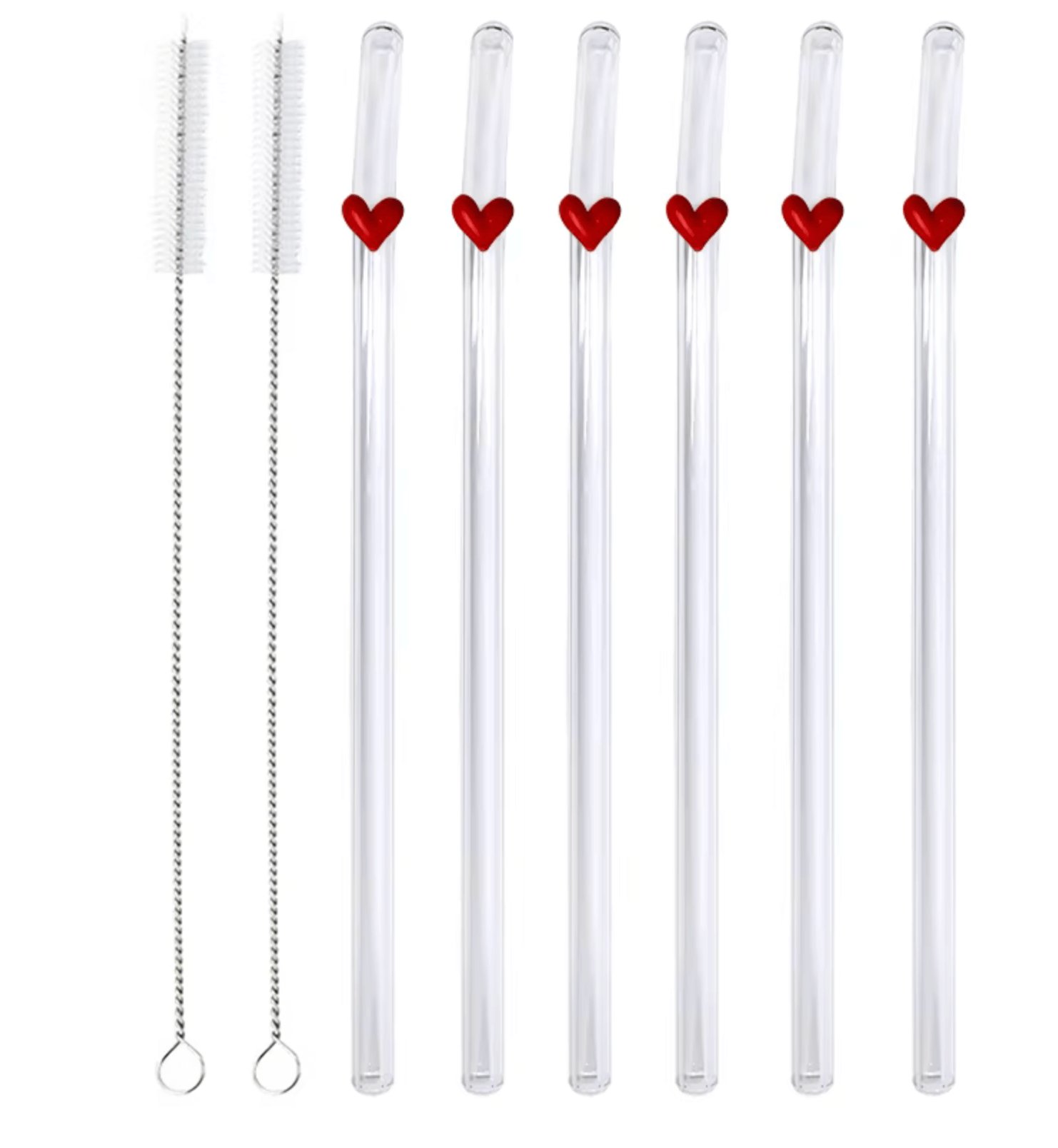 Set of glass straws with heart design and two cleaning brushes, eco-friendly and reusable for stylish sipping.