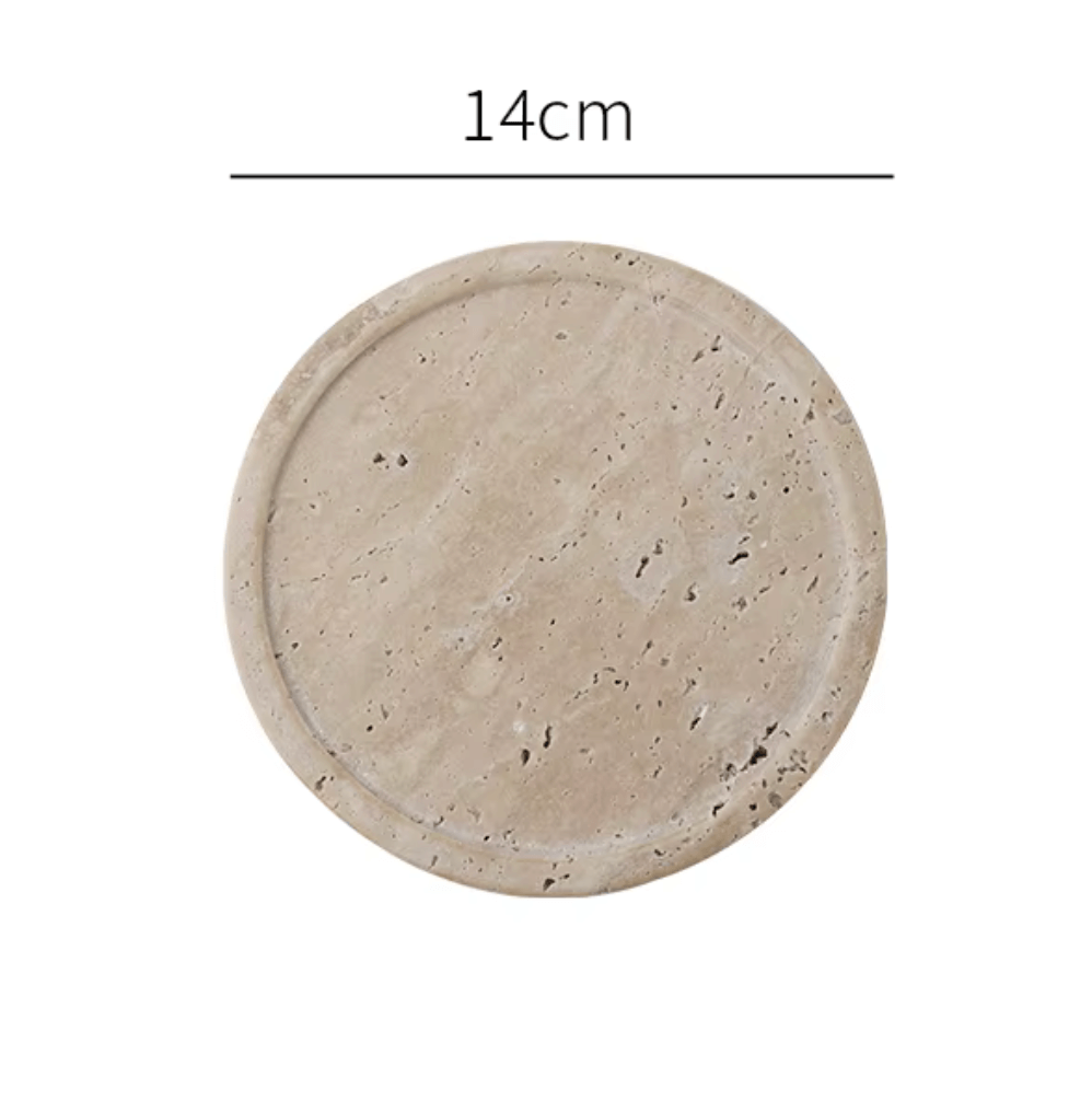 14cm round minimalist marble tray made from natural travertine, perfect for jewelry display, serving, or decoration.