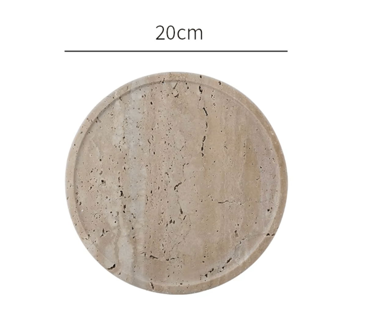 Rundes minimalistisches Marmor-Tablett aus Travertin, 20 cm Durchmesser, ideal als Servierplatte oder Dekoelement.