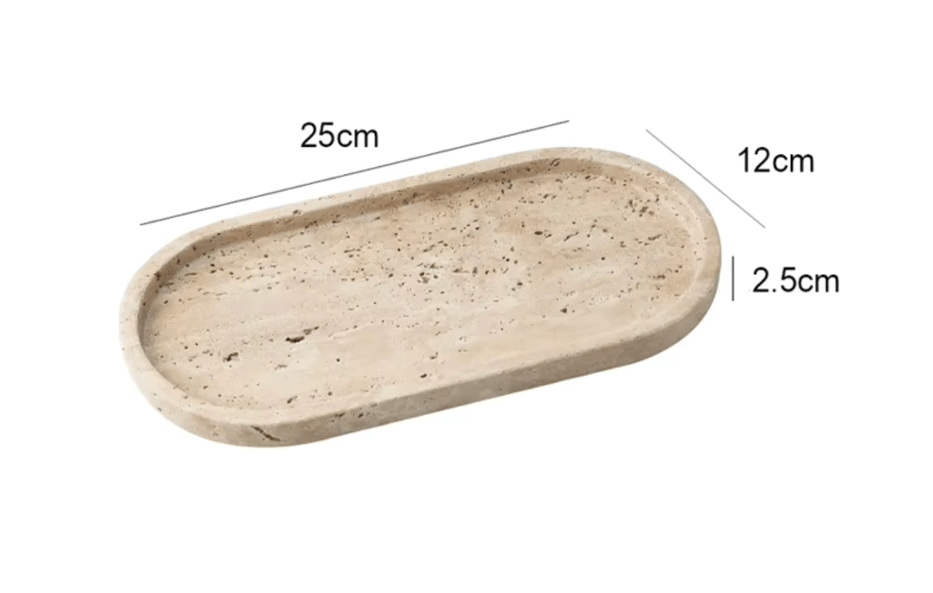 Minimalist marble tray made of natural travertine, dimensions 25cm x 12cm x 2.5cm, ideal for elegant home decor and organization.