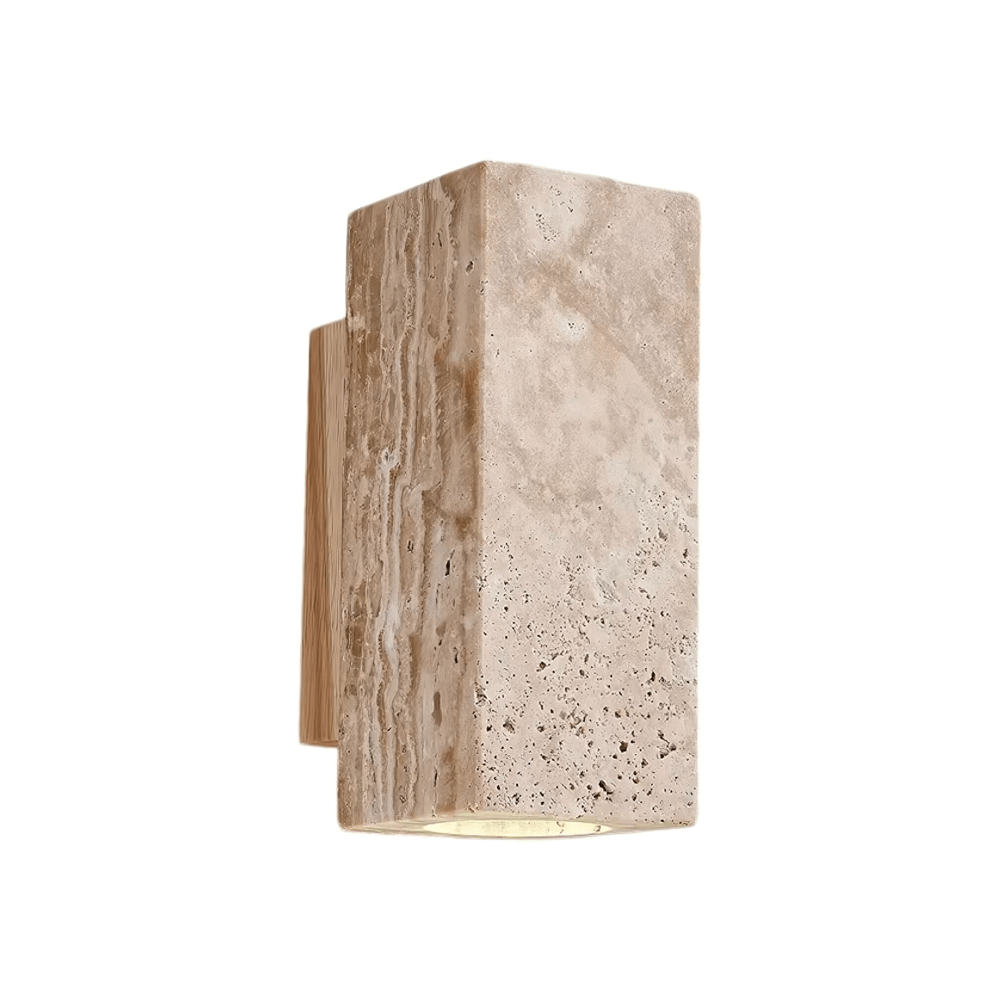 Wabi-Sabi beige natural stone wall lamp featuring minimalist design and calming aesthetics; made from travertine and aluminum.