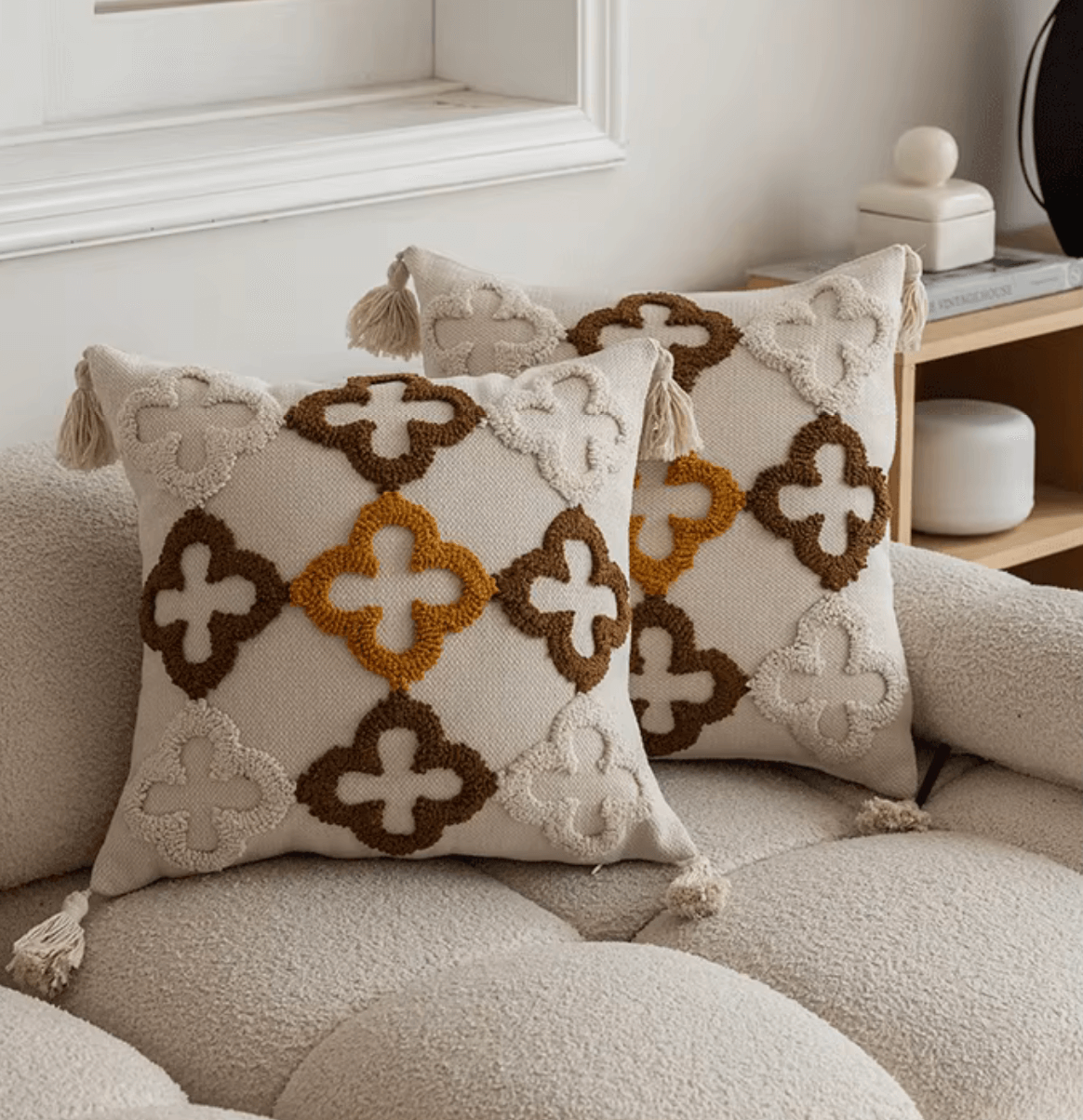 Nordic Retro cushion cover with tufted geometric pattern in warm yellow-brown tones on a cozy sofa, adding Scandinavian charm.
