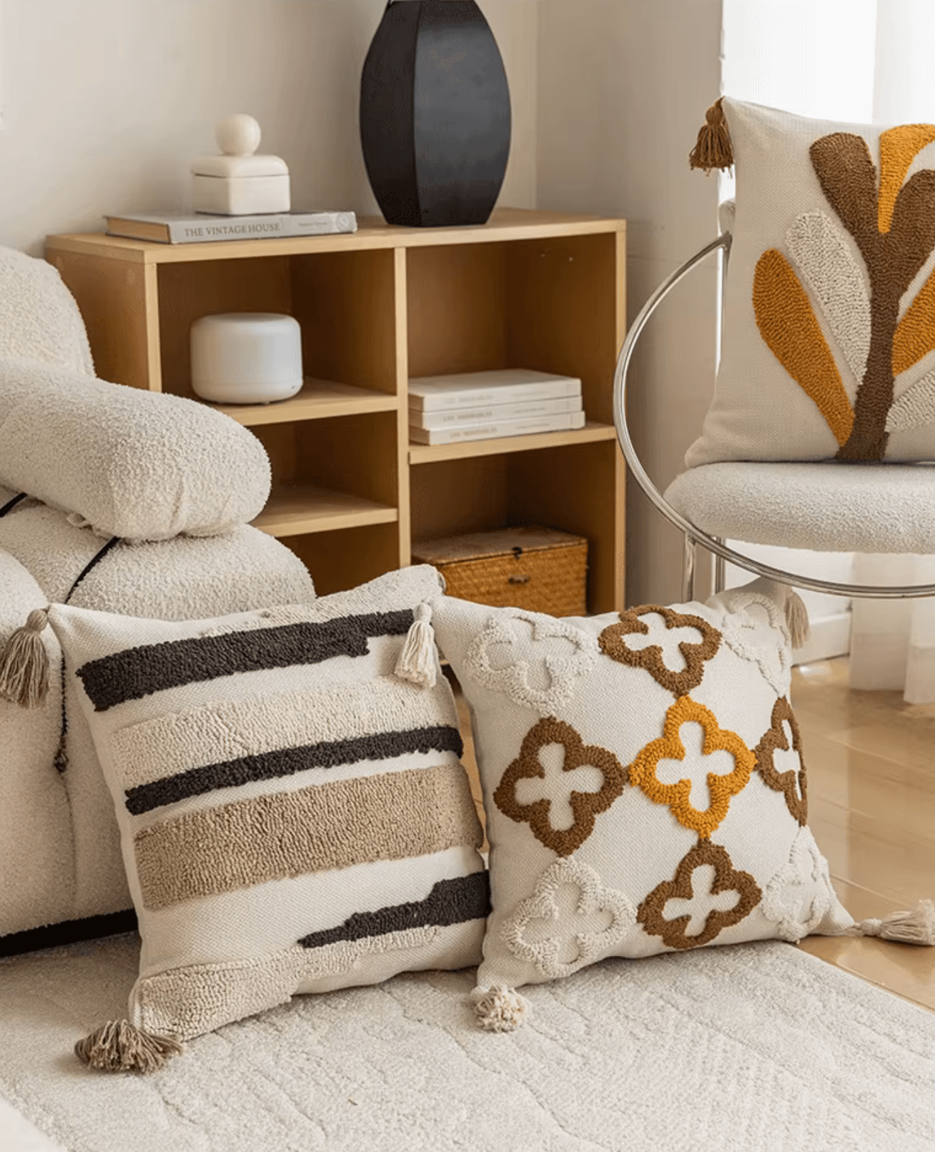 Nordic Retro Kissenbezug on chair, showcasing geometric tufting in warm yellow-brown, adding Scandinavian warmth to home decor.