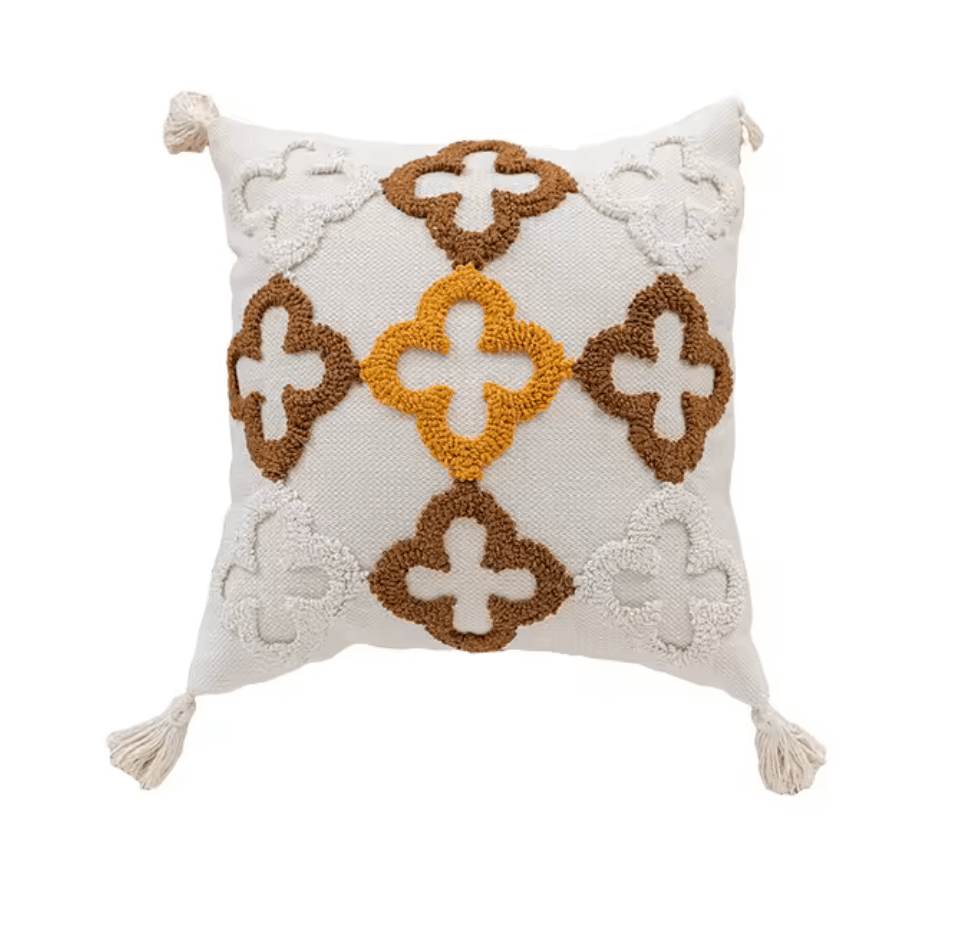 Nordic Retro Kissenbezug with geometric tufting pattern, featuring warm yellow and brown tones, perfect for a cozy Scandinavian style.