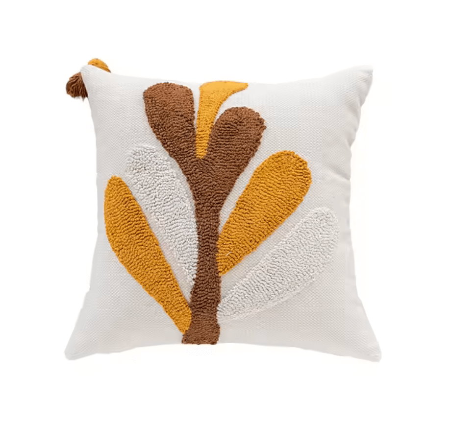Nordic Retro Kissenbezug with geometric tufting in yellow-brown, perfect for Scandinavian decor, on white background.