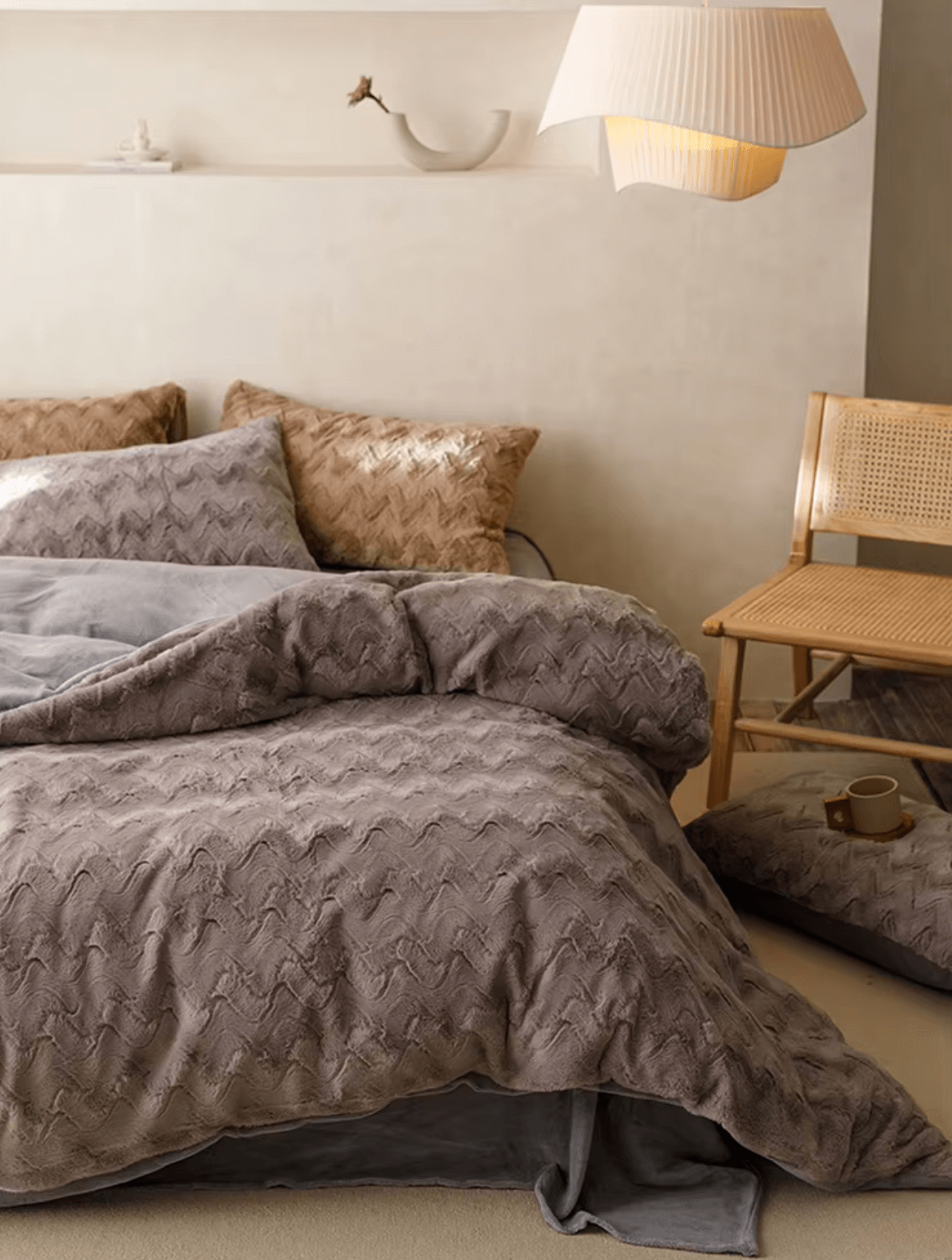 Luxurious Rabbit Cashmere bedding set with zig-zag design in neutral tones, featuring plush comfort for a dreamy sleep experience.