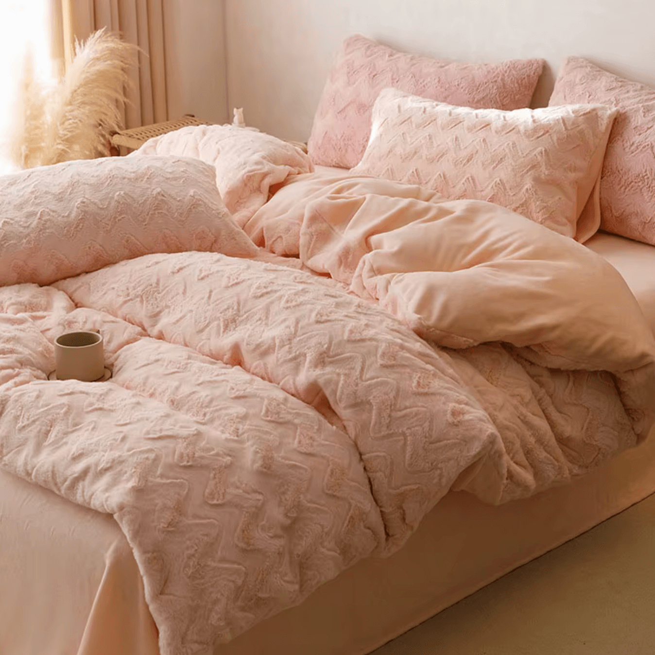 Luxurious Rabbit Cashmere Bedding Set with Zig-Zag Design in soft pink tones, offering plush comfort and elegant aesthetics for dreamy sleep.