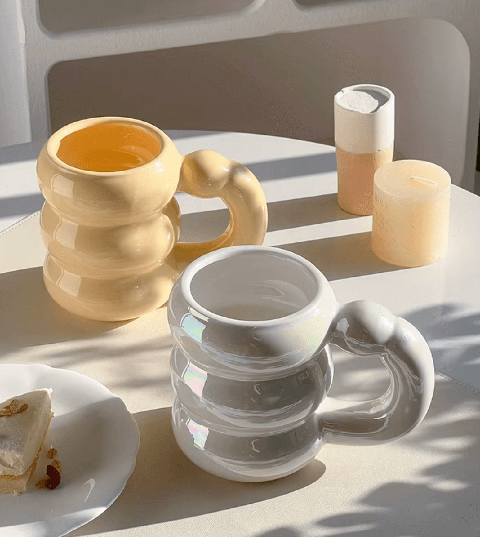 Elegant Spring Bloom tasse in Korean design on table with cake and candles, captures modern and stylish coffee experience.