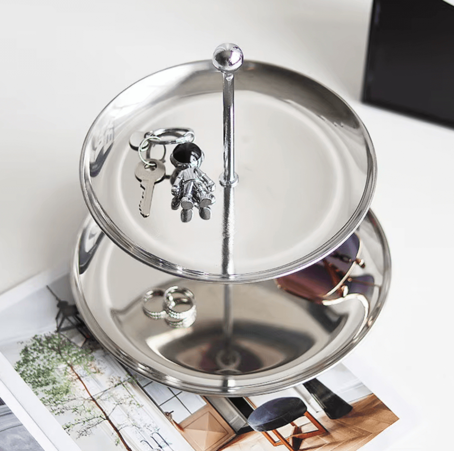 Nordic stainless steel two-tiered stand for jewelry or snacks on table decoration