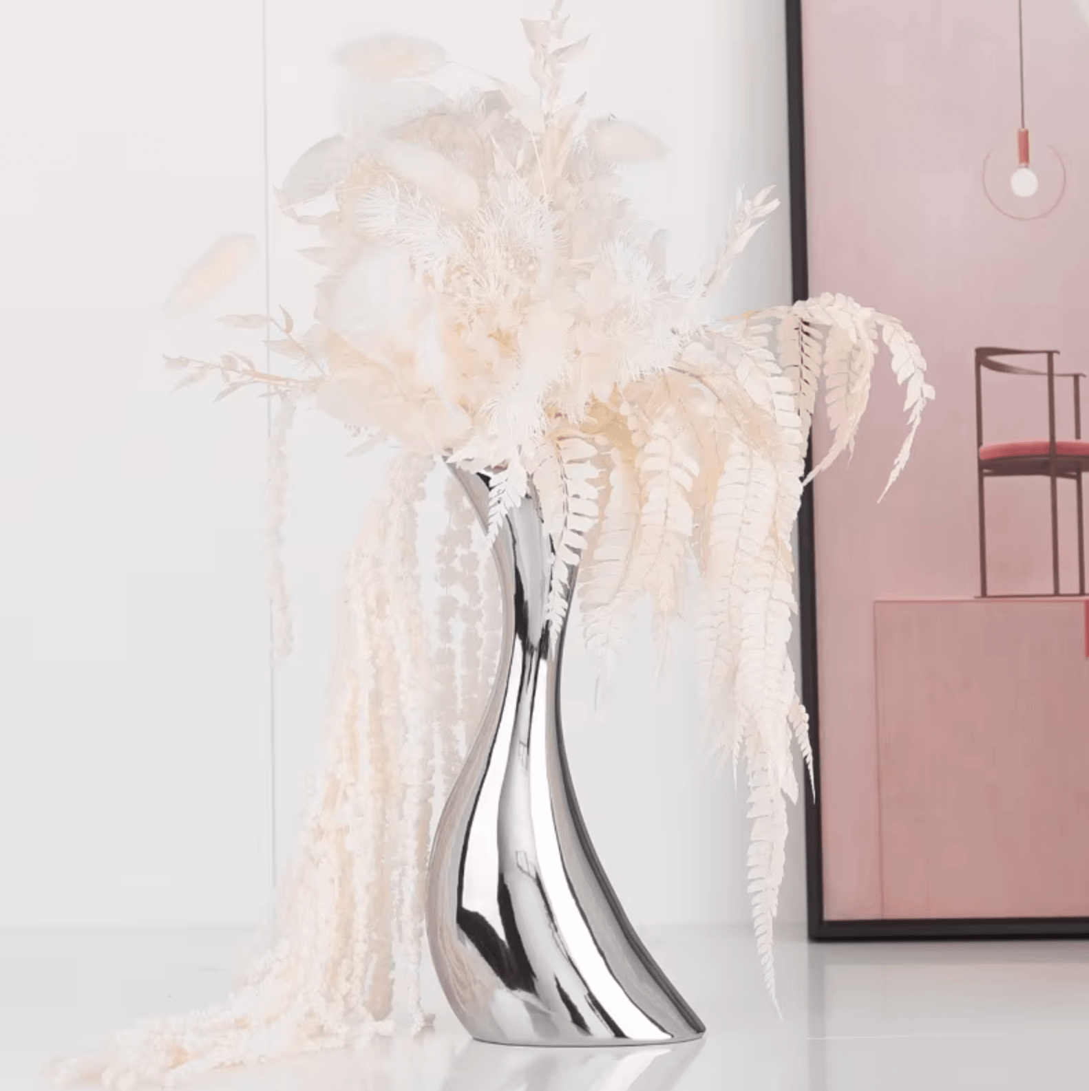 Stylish galvanized silver ceramic vase with modern design, showcasing elegant dried flowers, ideal for luxury home decor.
