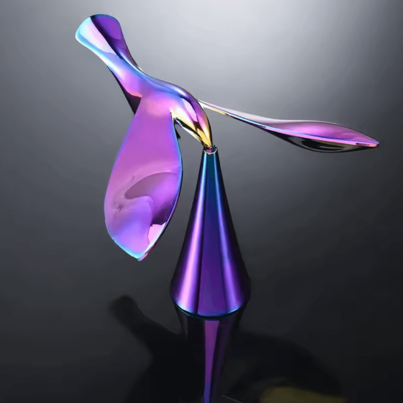 Fliegender Vogel-Flaschenöffner mit schillerndem Design und Balance-Effekt auf schmalem Ausgleichsständer für stilvolles Flaschenöffnen.