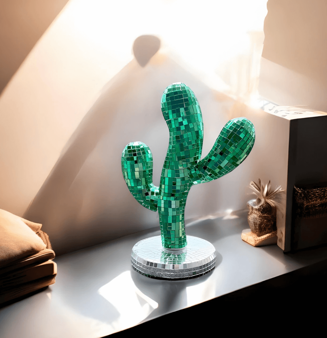 Handcrafted disco cactus decoration with mirrored tiles, perfect for home, office, or party, adding retro charm and glamour.