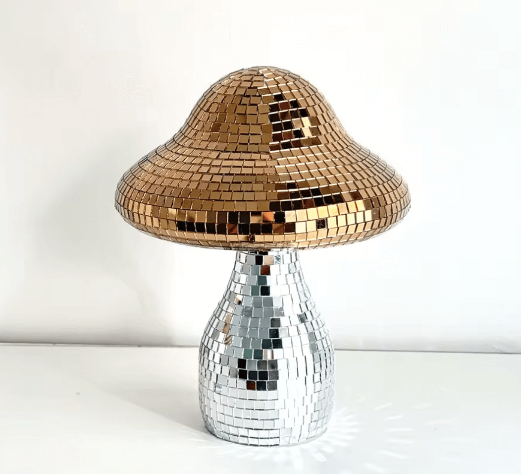 Gold and silver disco mushroom mosaic glass decoration for home or party.
