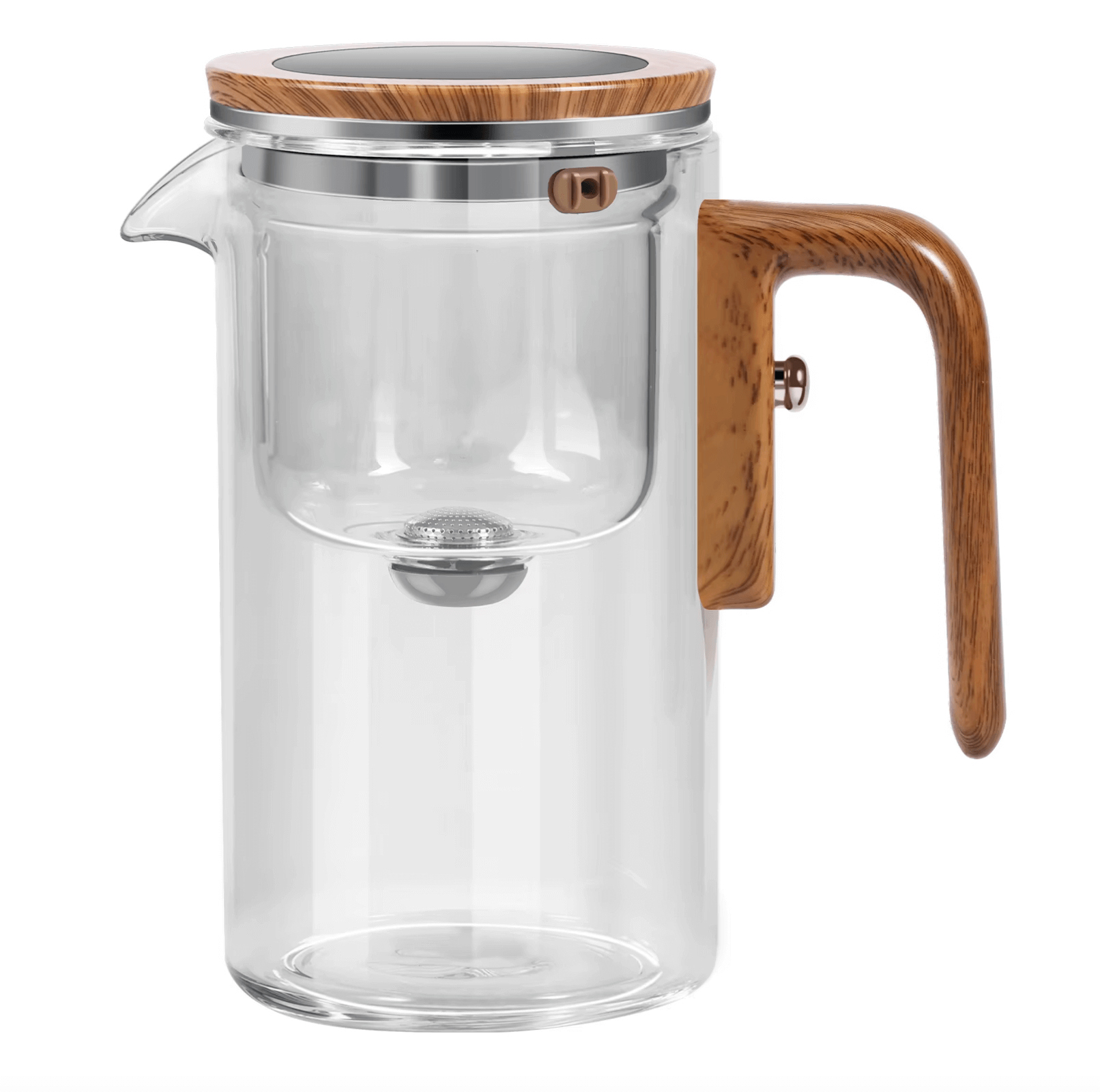 Teekanne „Zen Brew“ aus Glas mit Holzgriff, ideal für stilvolles Teegenuss, minimalistisches Design für grünen, Kräuter- oder Schwarztee.