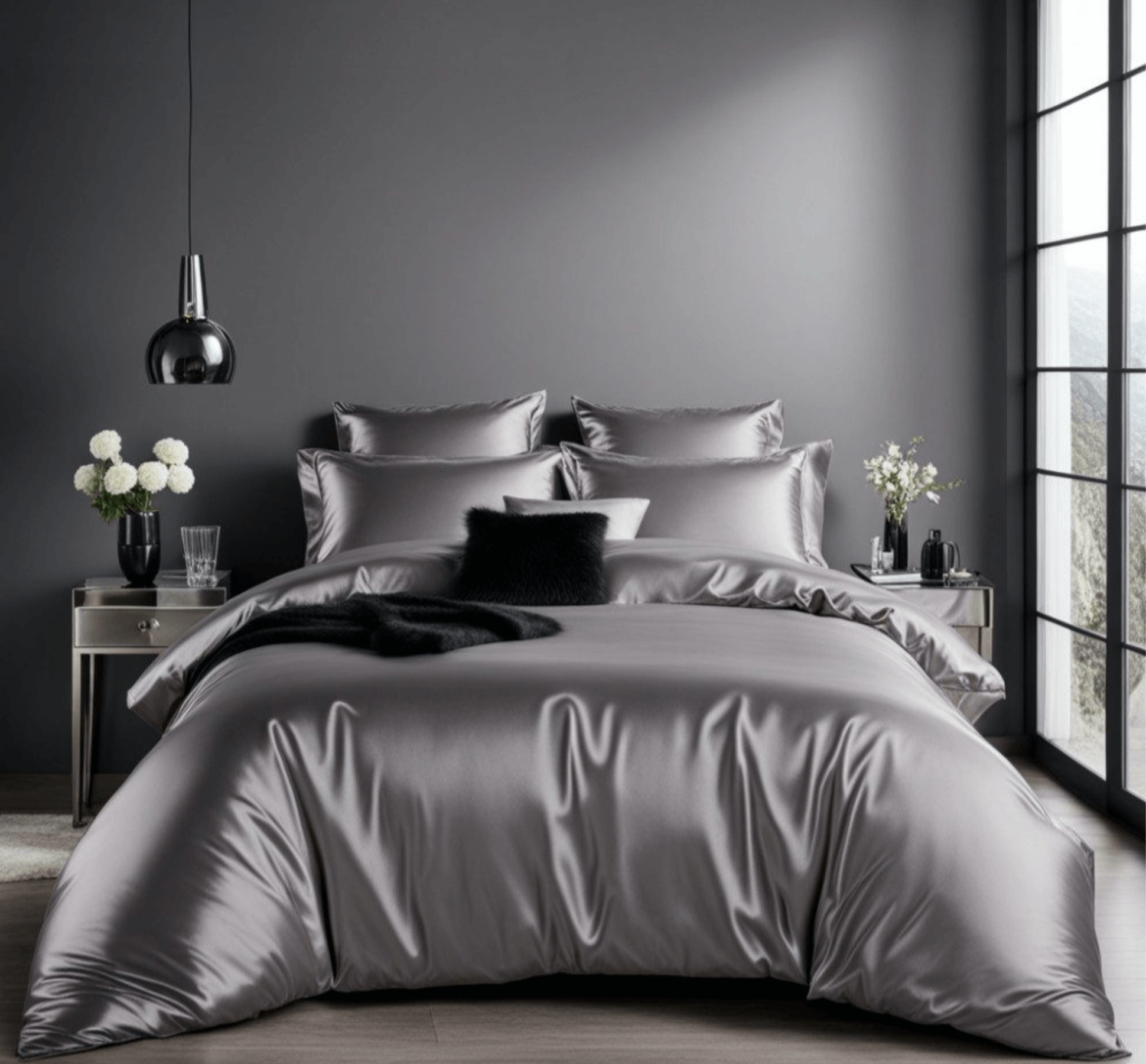 Luxury satin bedding set in Nordic style with Pantone trend color Mocha Mousse 2025, featuring a modern bedroom design.