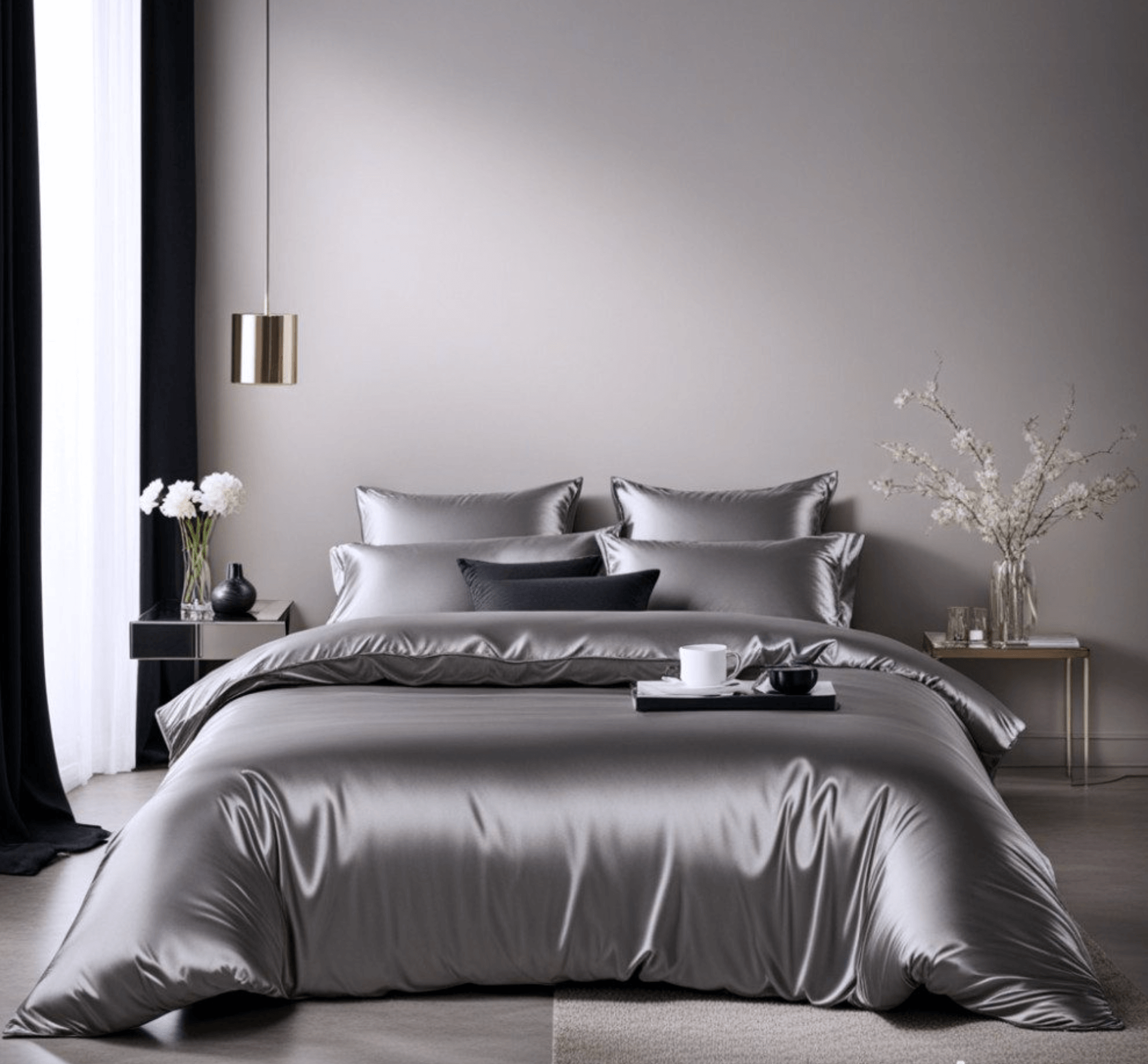 Nordic satin bedding set in Mocha Mousse 2025 color with elegant, luxurious style for modern bedroom decor.