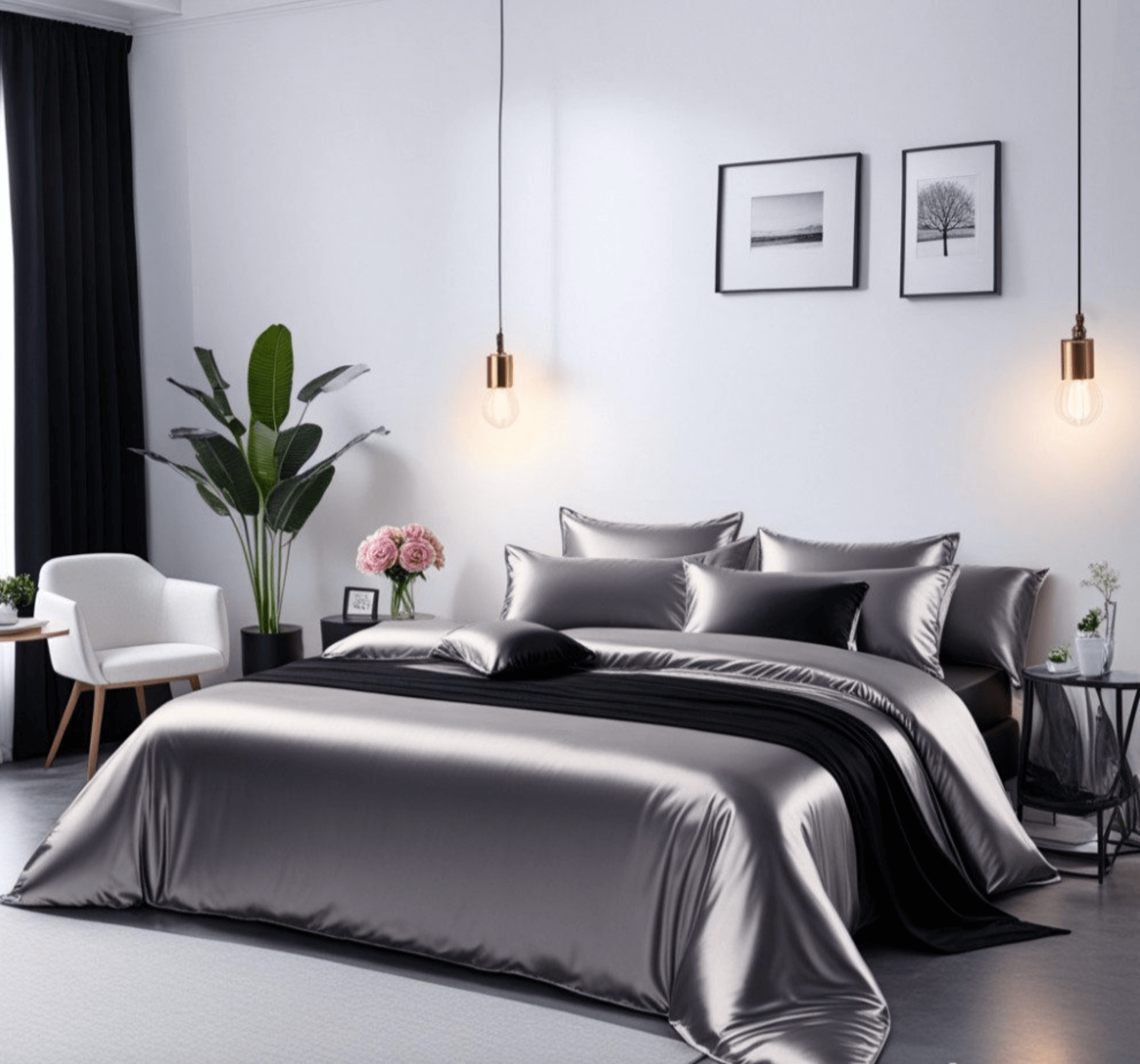Luxurious Nordic satin bedding in warm Mocha Mousse color with sleek bedroom decor, featuring soft cushions and modern lighting.