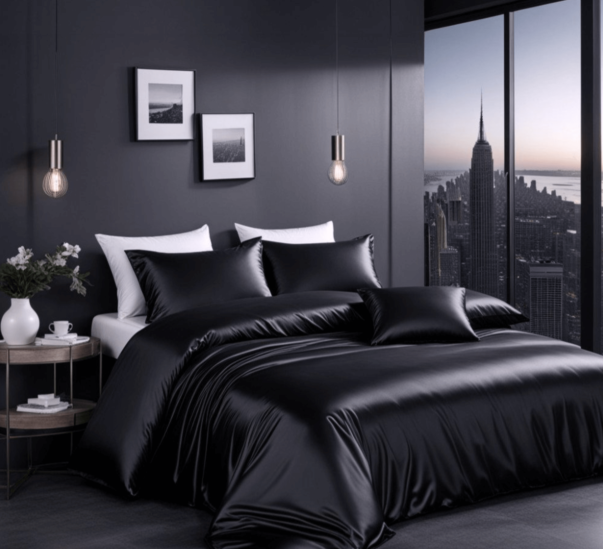 Luxurious black satin bedding set in modern bedroom with city skyline view.
