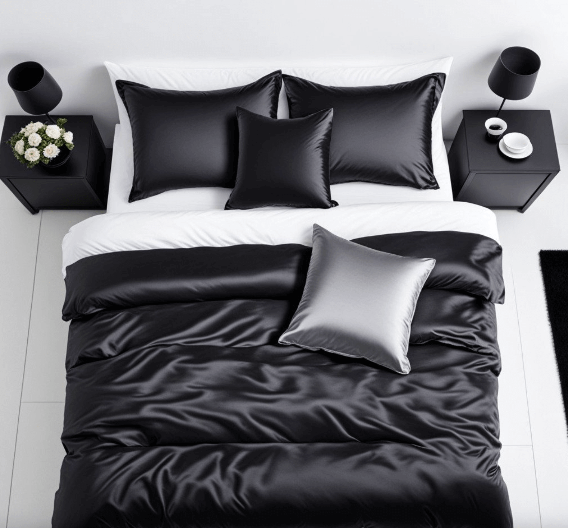 Elegant bed with black and gray satin pillowcases, luxurious design blending with bedroom decor for a modern, stylish touch.