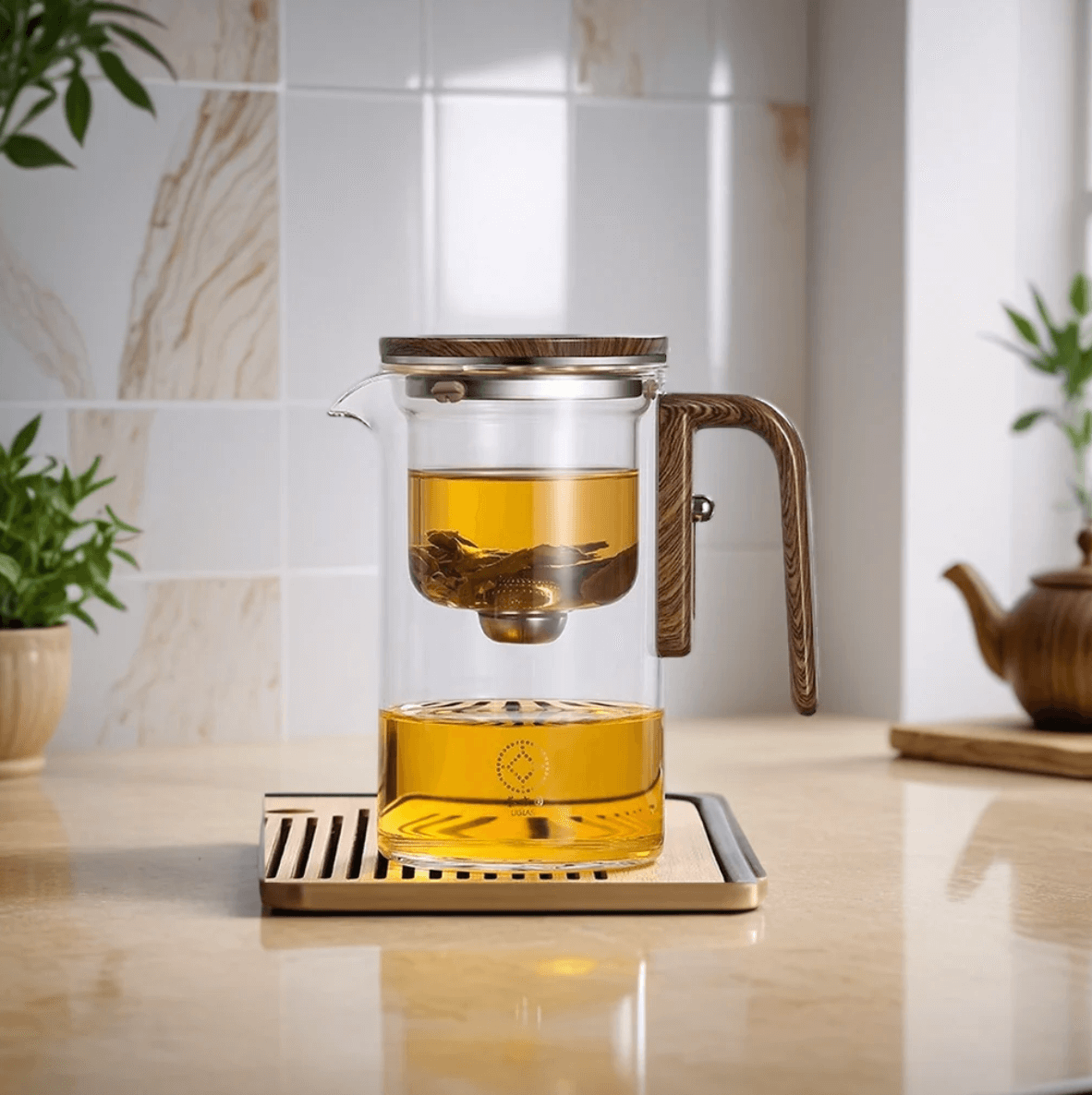 Glass teapot 'Zen Brew' with wooden handle on a tray, steeping tea in a modern kitchen setting.