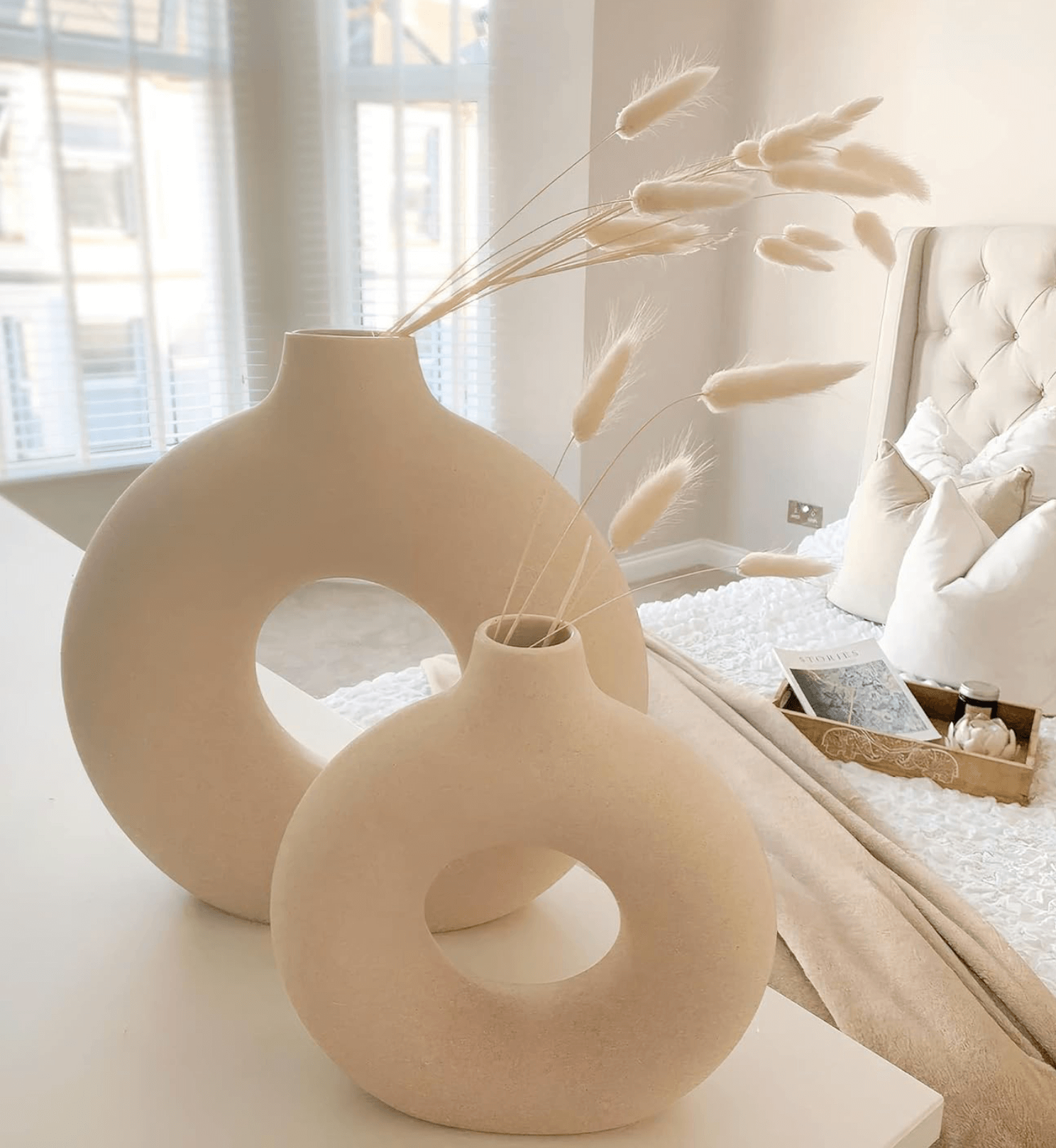 Nordic Vase Duo showcasing minimalist design and timeless elegance, placed on a table with pampas grass, perfect for modern interiors.