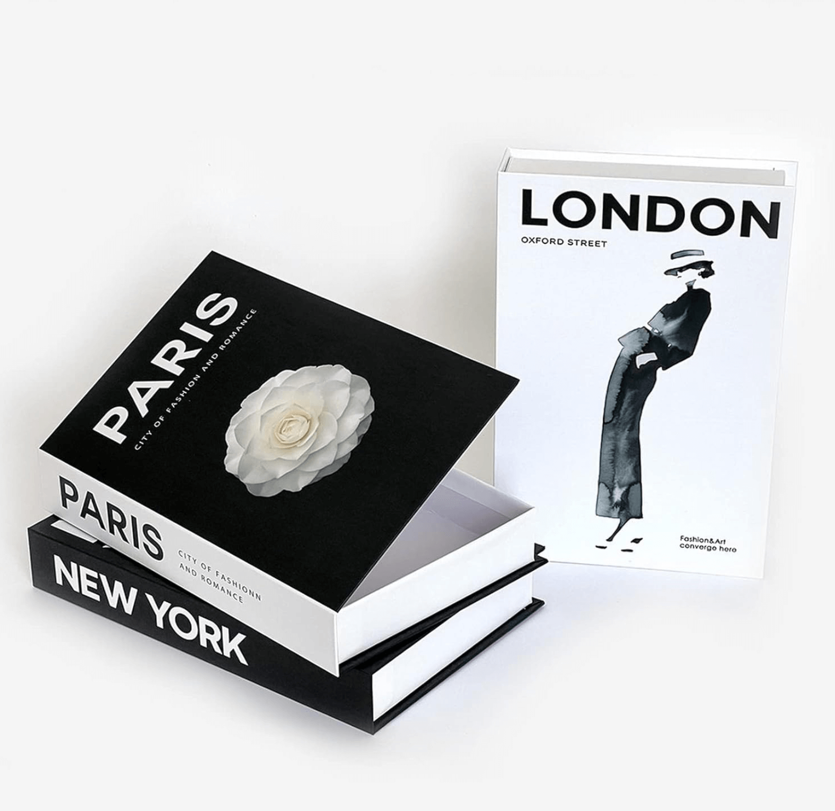 Elegant decorative books featuring Paris, London, and New York designs, ideal for adding style to any living space.