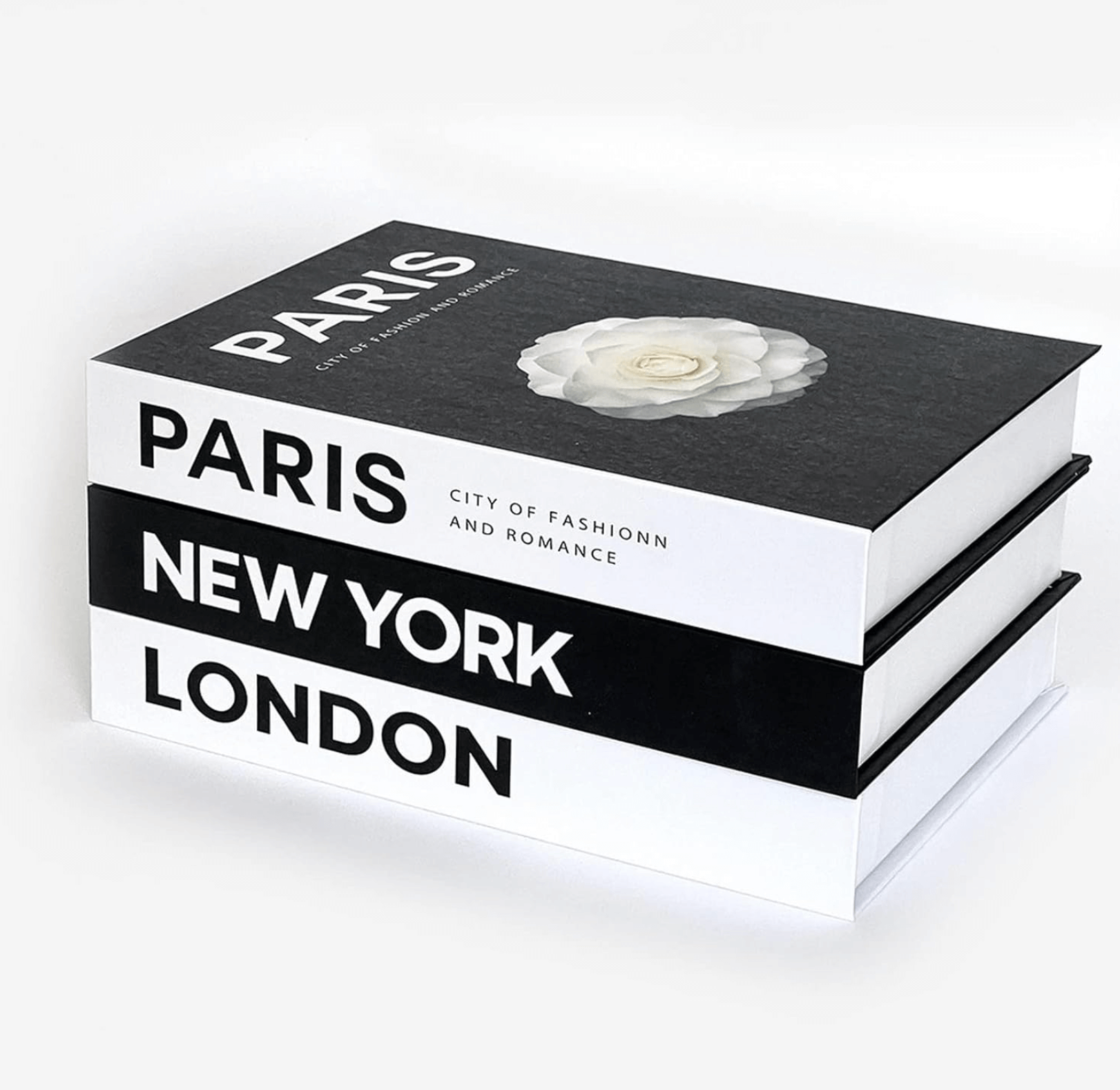Stack of decorative books featuring Paris, New York, and London covers, adding elegant accents to home decor.