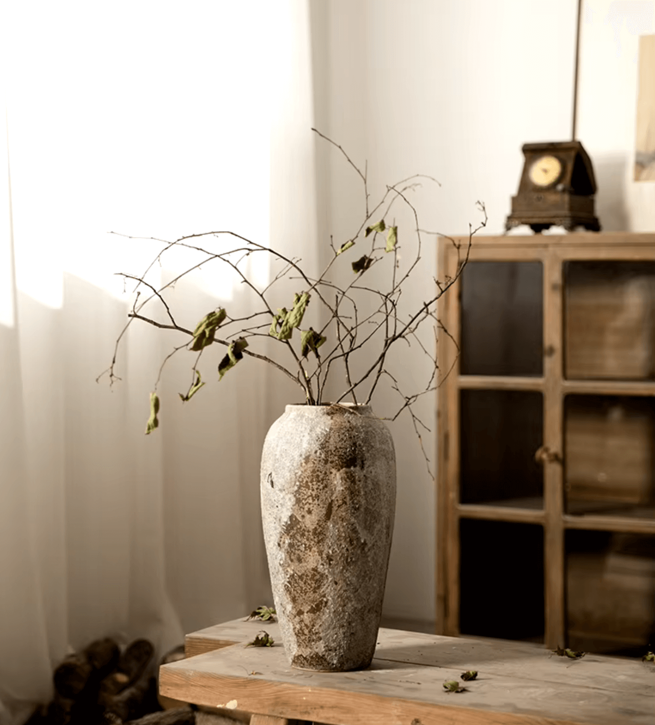 Handcrafted ceramic vase in antique design, showcasing rustic elegance with unique marbled surface and traditional charm.