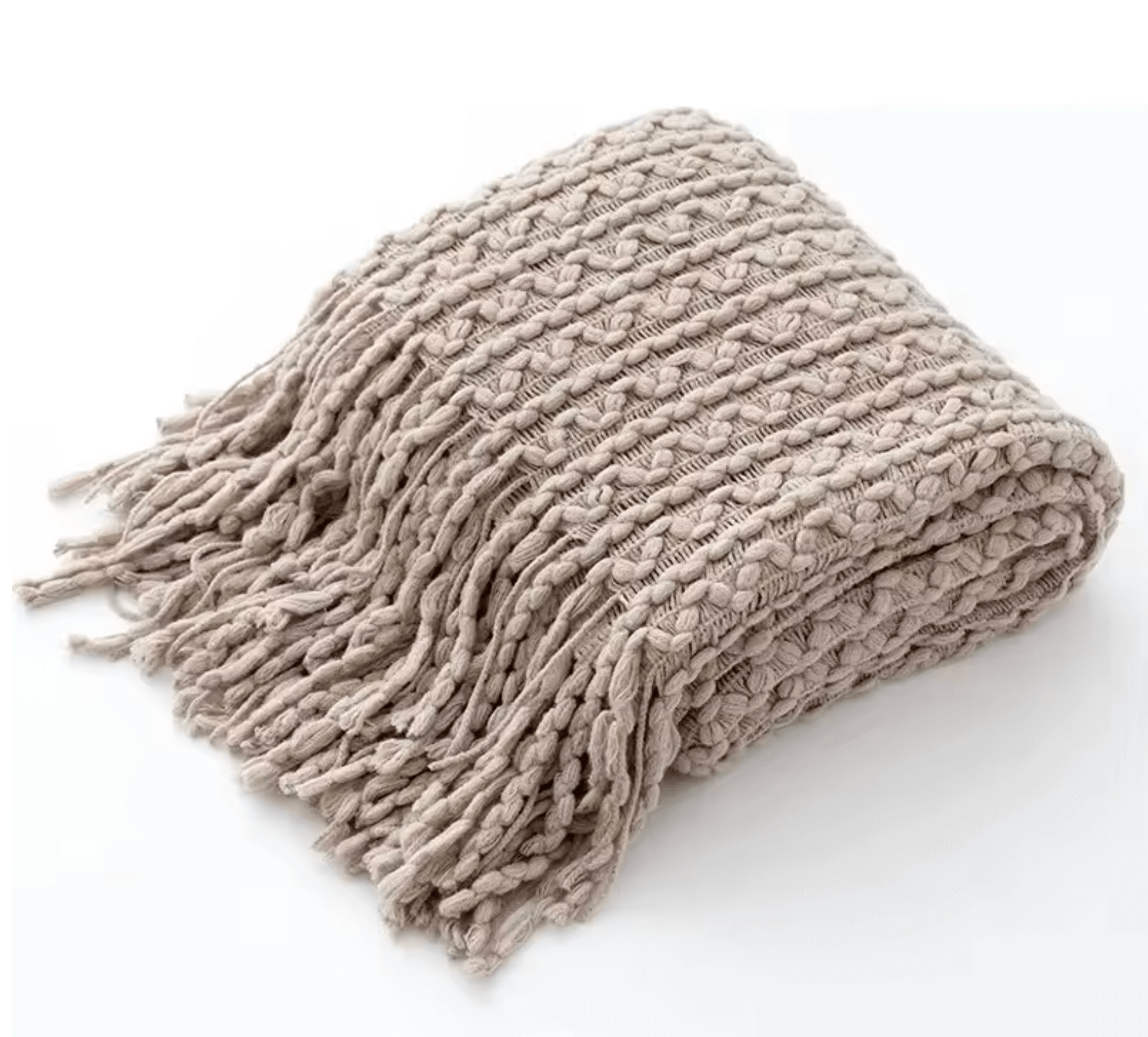 Beige boho knit blanket with tassels, showcasing vintage charm and cozy texture for home decor and comfort.