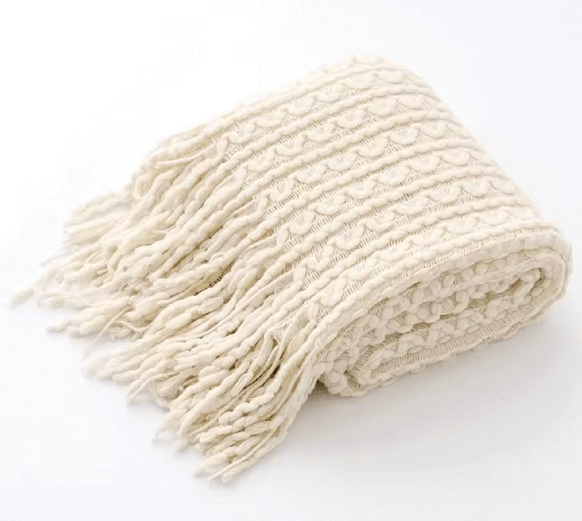 Boho Strickdecke mit Quasten in Beige, handgefertigtes Strickmuster, lässiger Vintage-Chic, ideal als Sofa- oder Bettüberwurf.