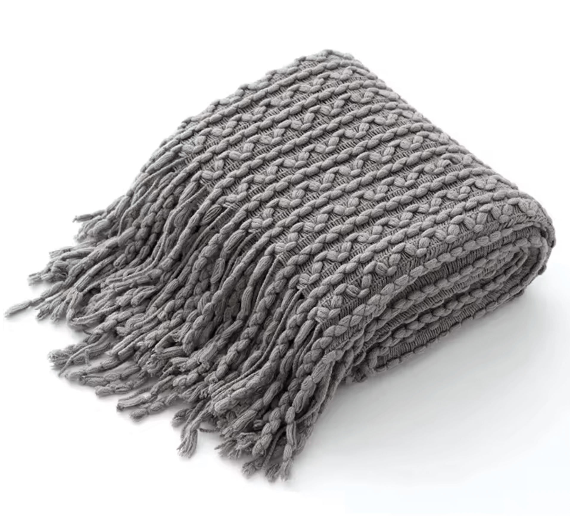 Boho Strickdecke mit Quasten in Grau, handgefertigt und ideal für gemütliche Stunden.