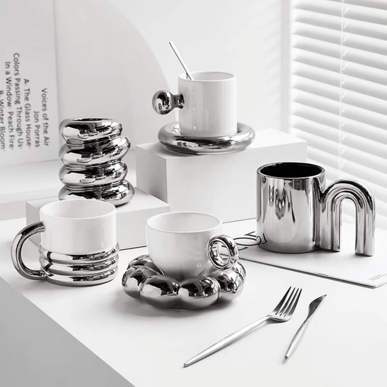 Nordic Elegance ceramic coffee cup set with minimalist design and silver accents, showcasing Scandinavian charm and luxury.